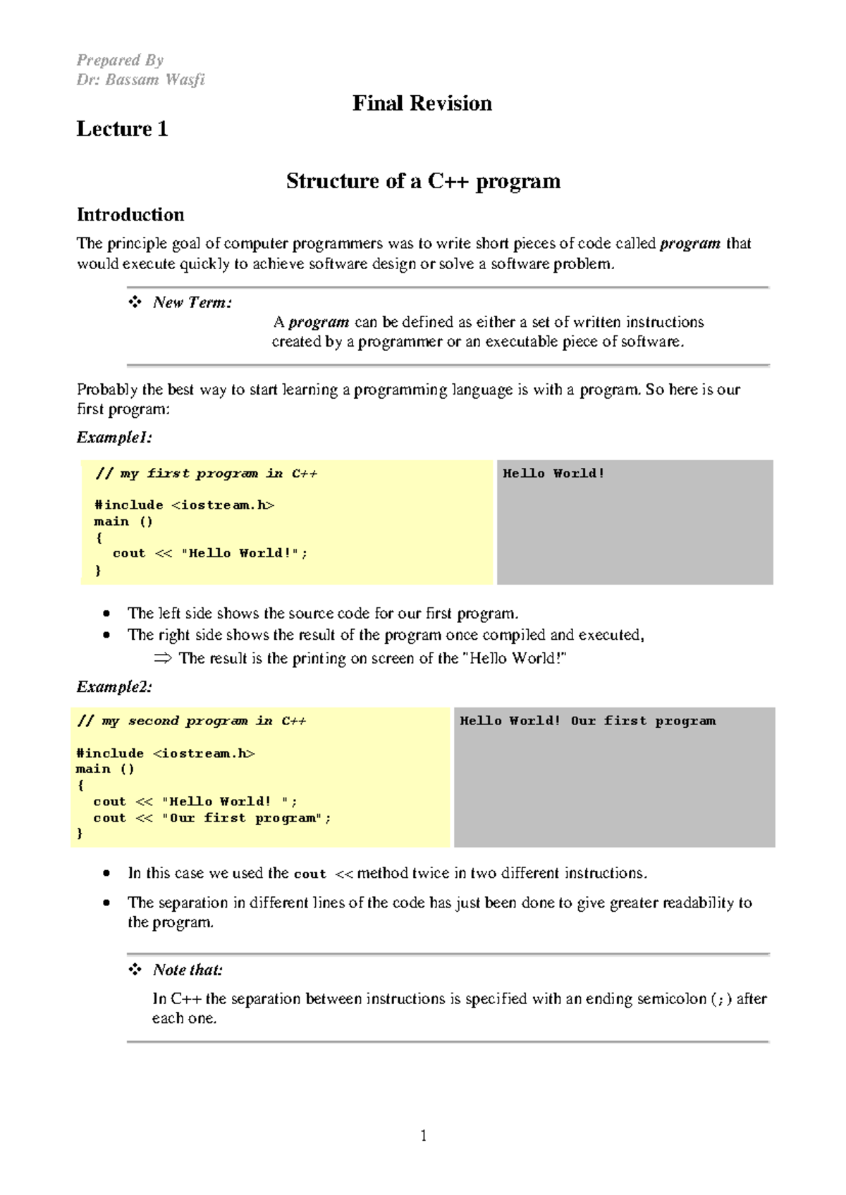 C++ Revision Cource - Dr: Bassam Wasfi Final Revision Lecture 1 ...