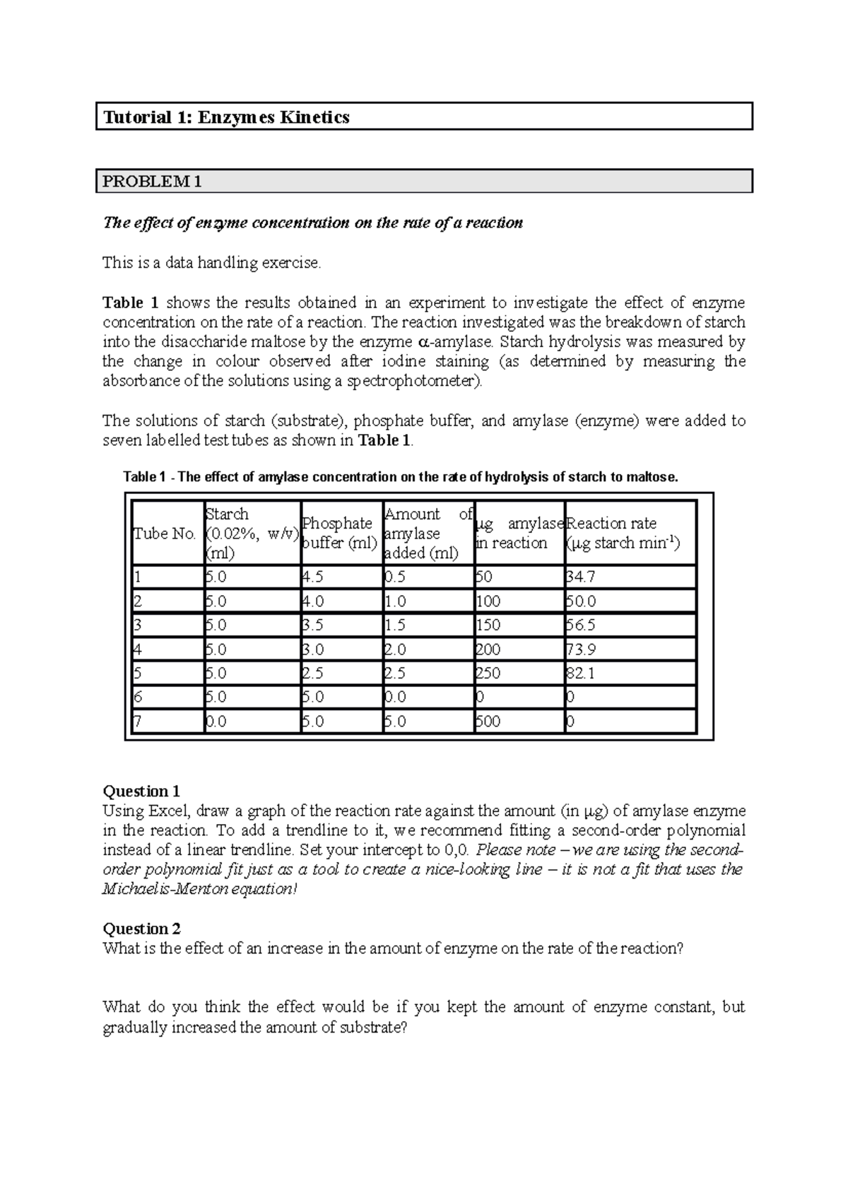 Meta6prac - Tutorial 1: Enzymes Kinetics PROBLEM 1 The effect of enzyme ...