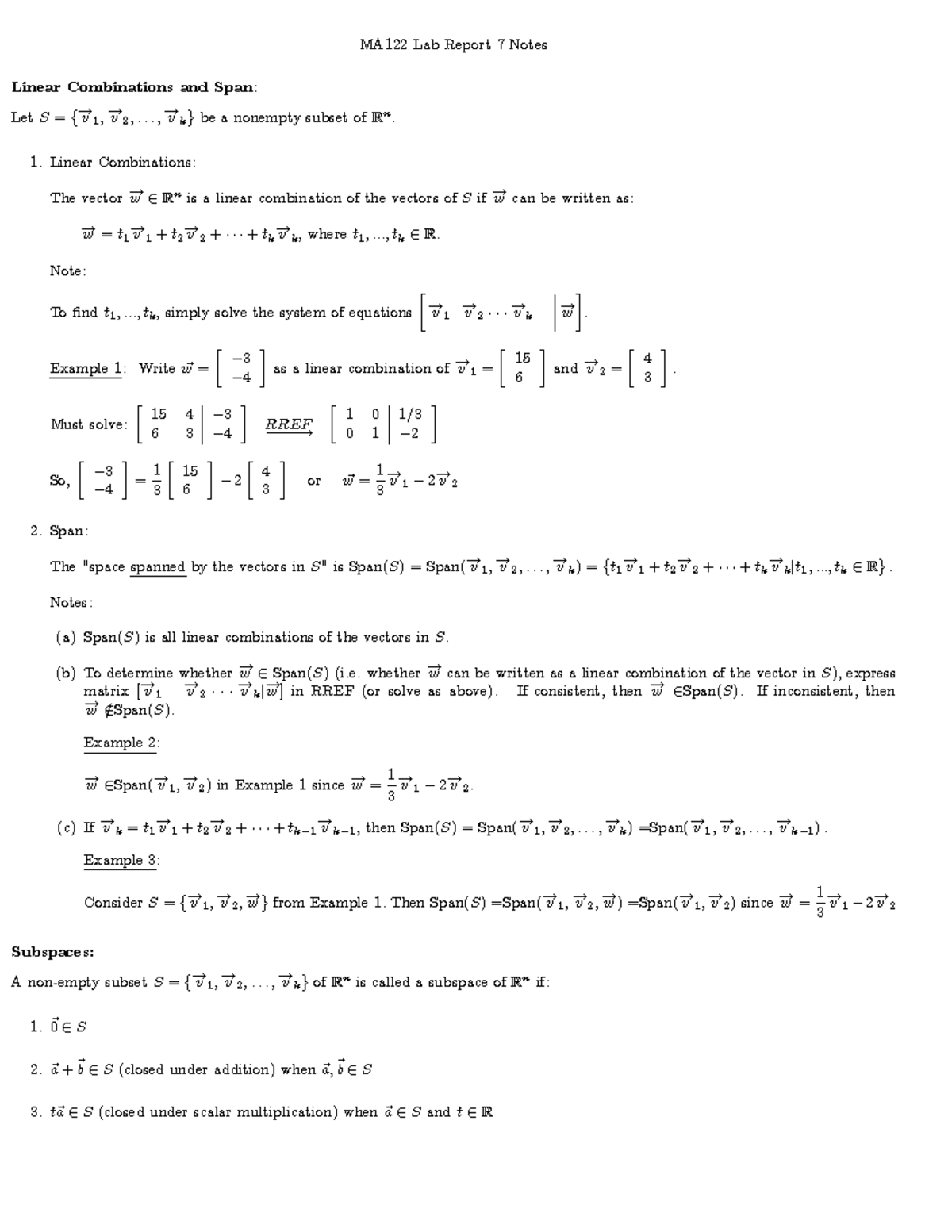 Lab7notes Ma122 Lab Report 7 Notes Linear Combinations And Span Let S F V 1 V 2