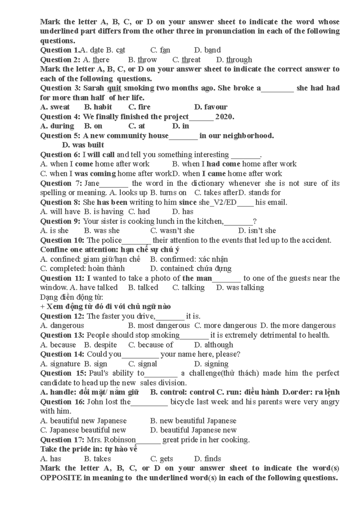 01 - english test - Mark the letter A, B, C, or D on your answer sheet ...