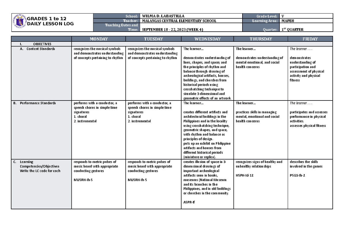 DLL Mapeh 5 Q1 W4 - qwertyuiop - GRADES 1 to 12 DAILY LESSON LOG School ...