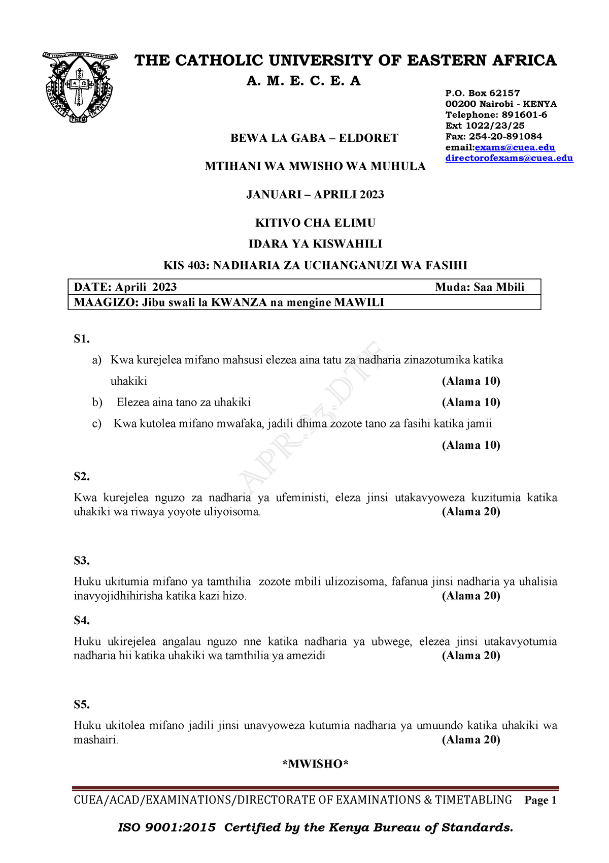 KIS 403 Nadharia ZA Uchanganuzi WA Fasihi - CUEA/ACAD/EXAMINATIONS ...