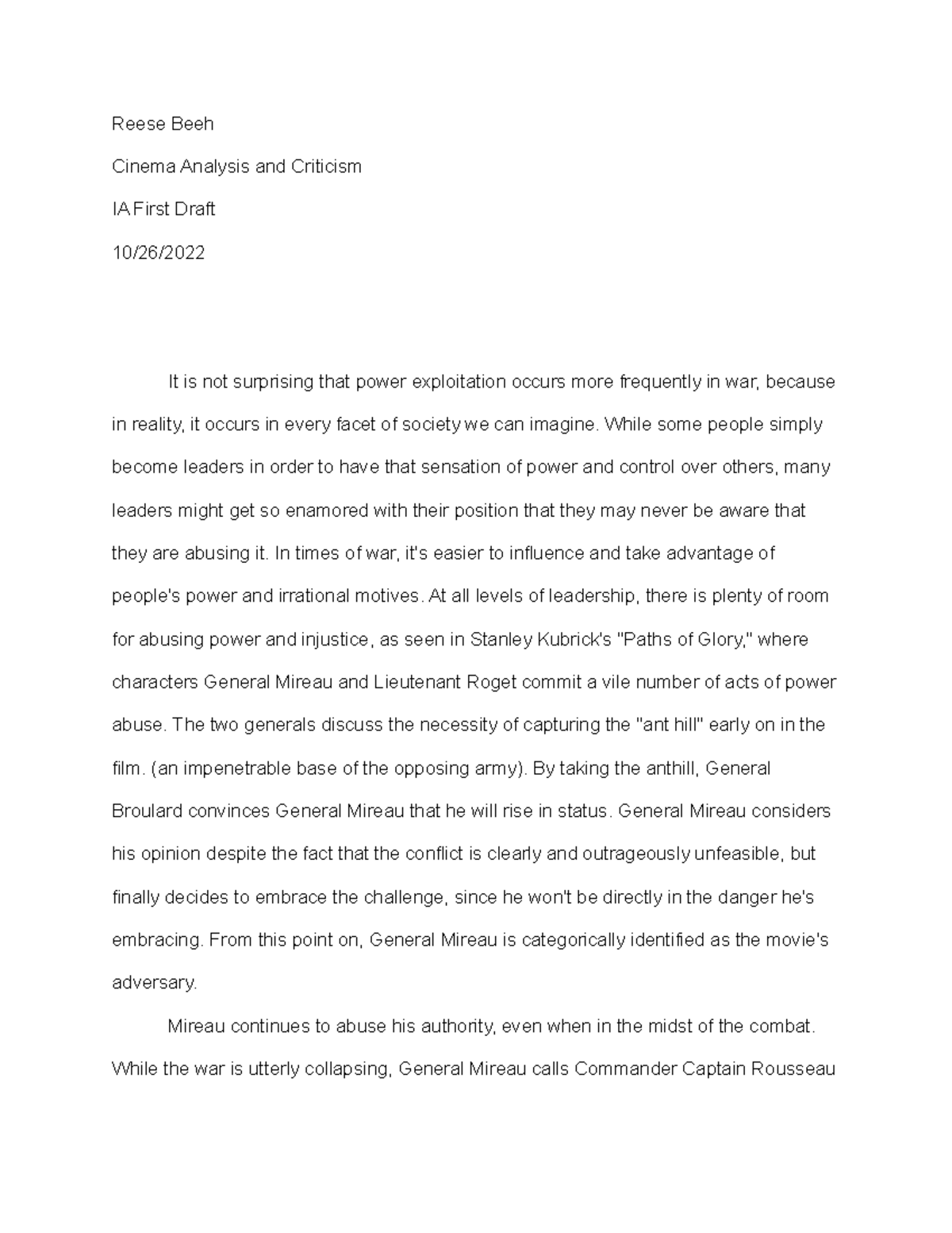 Paths of Glory: Power Essay - Reese Beeh Cinema Analysis and Criticism ...