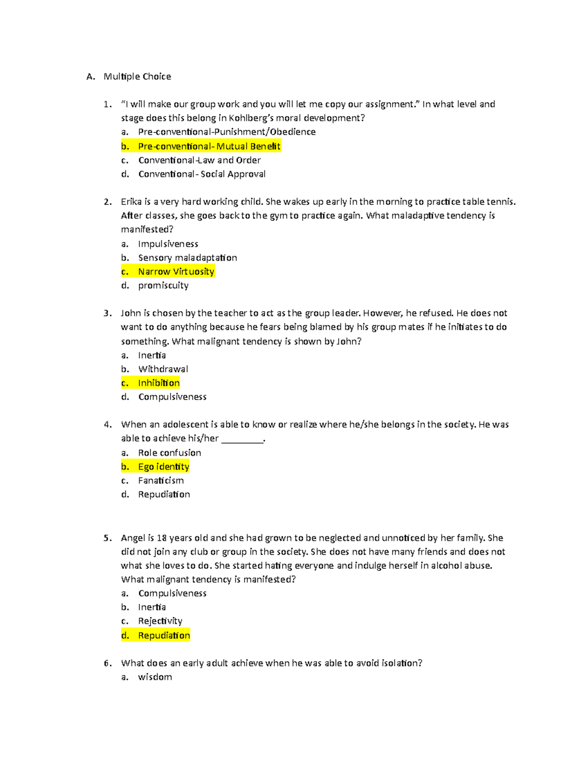 Quiz - For review - A. Multiple Choice “I will make our group work and ...