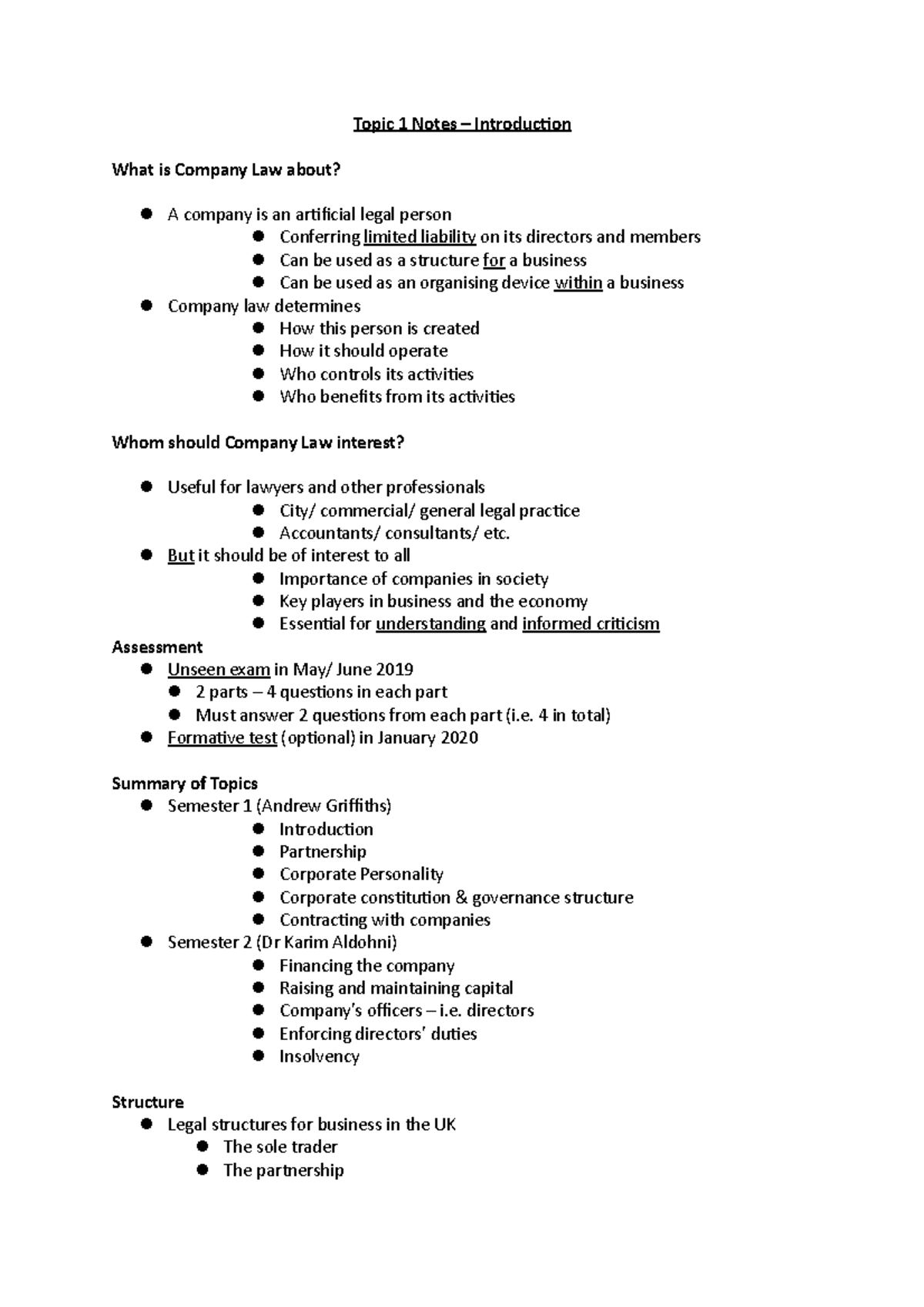Topic 1 Notes - Topic 1 Notes – Introduction What is Company Law about ...