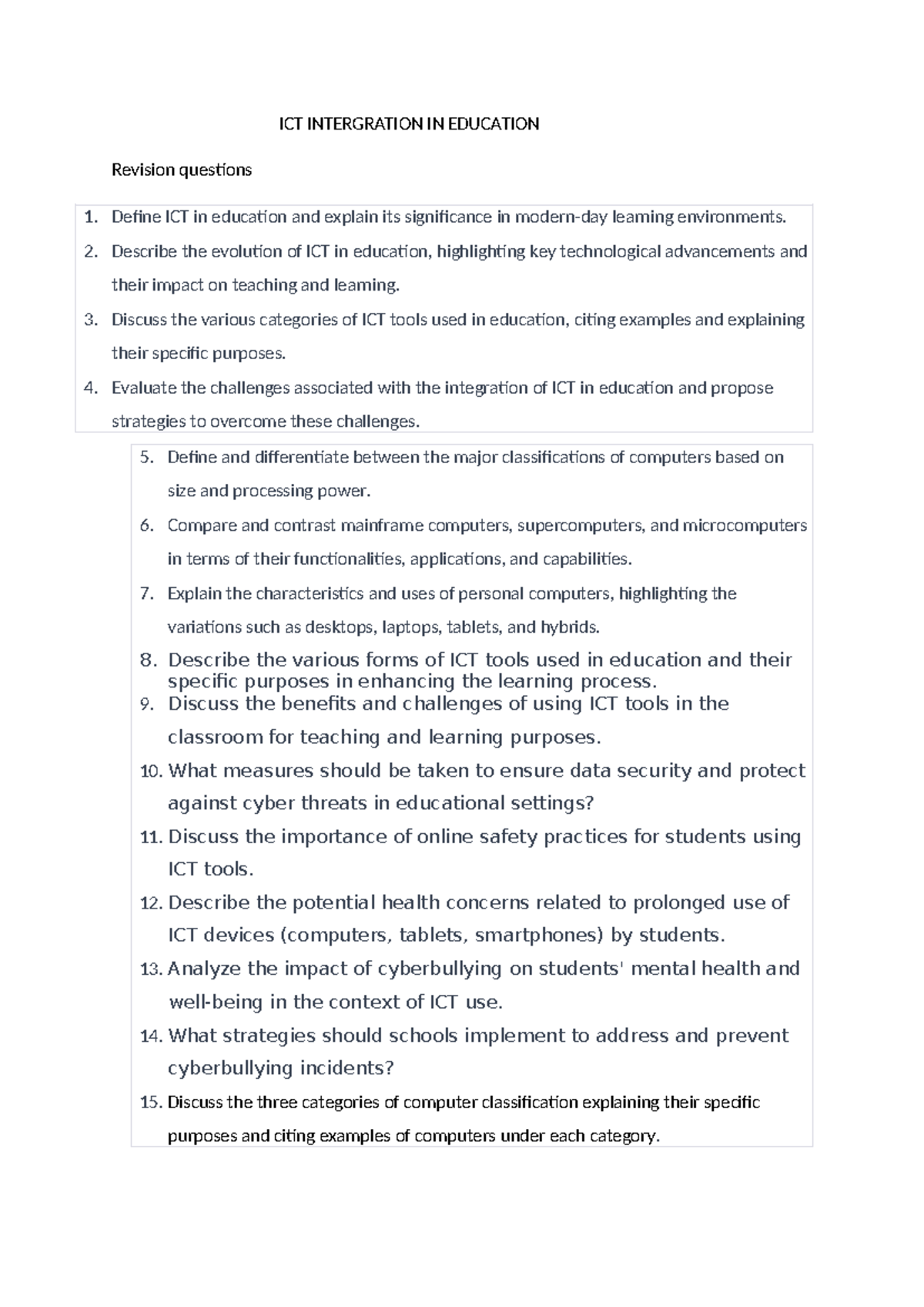 Revision questions college - ICT INTERGRATION IN EDUCATION Revision ...