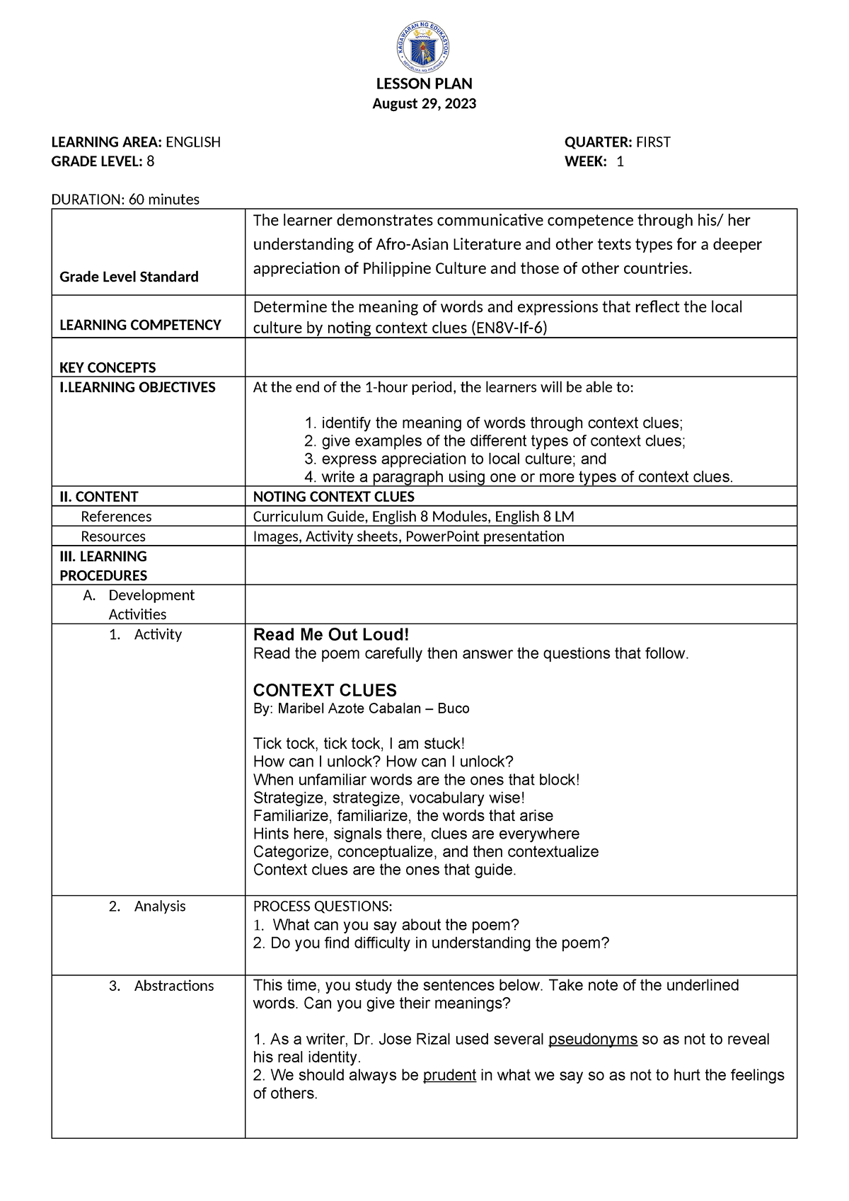 English Week 1 Day 1 Lesson Plan Lesson Plan August 29 2023 Learning Area English Quarter 3704