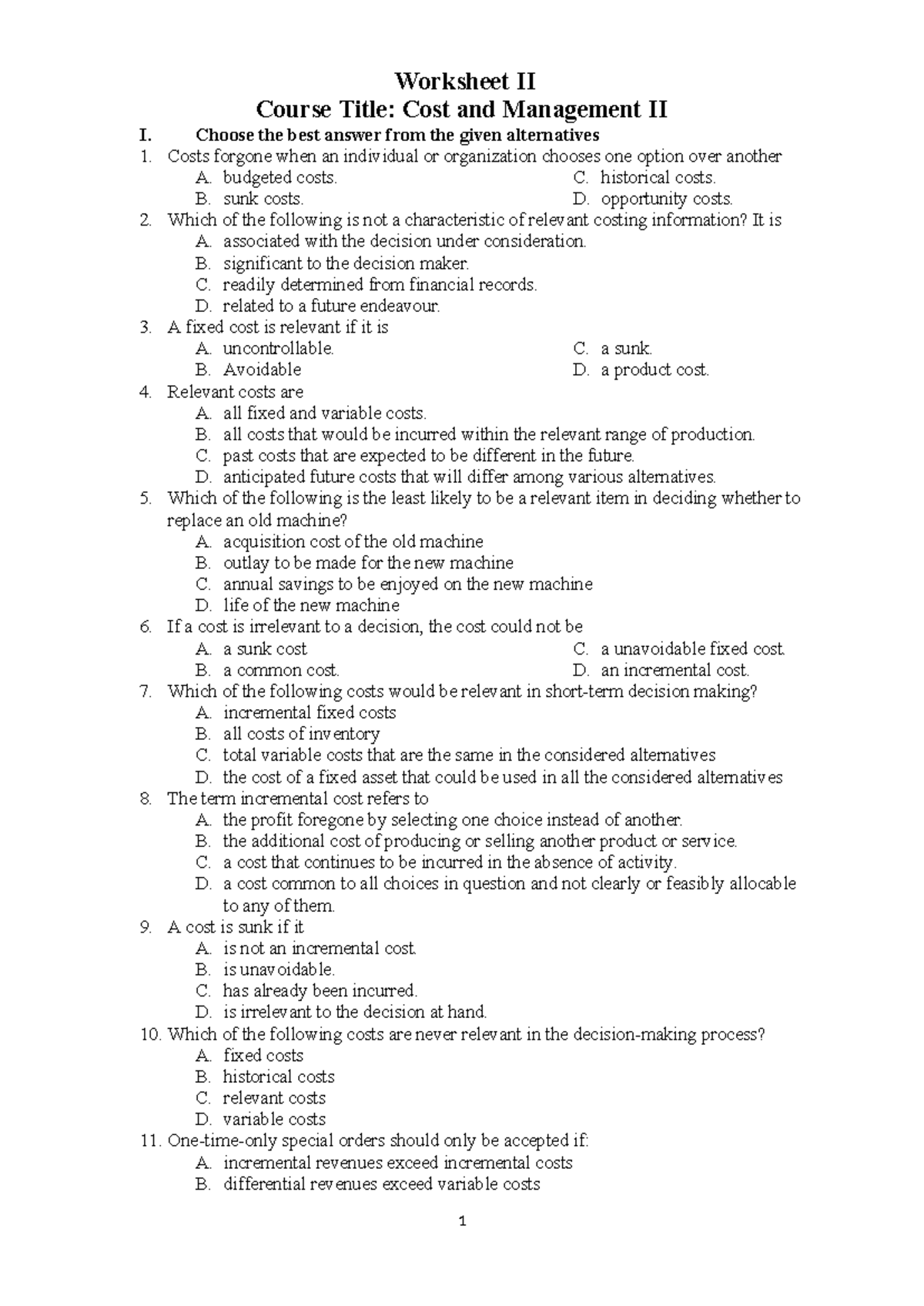 Cost II worksheet 2 - Cost accounting - Worksheet II Course Title: Cost ...