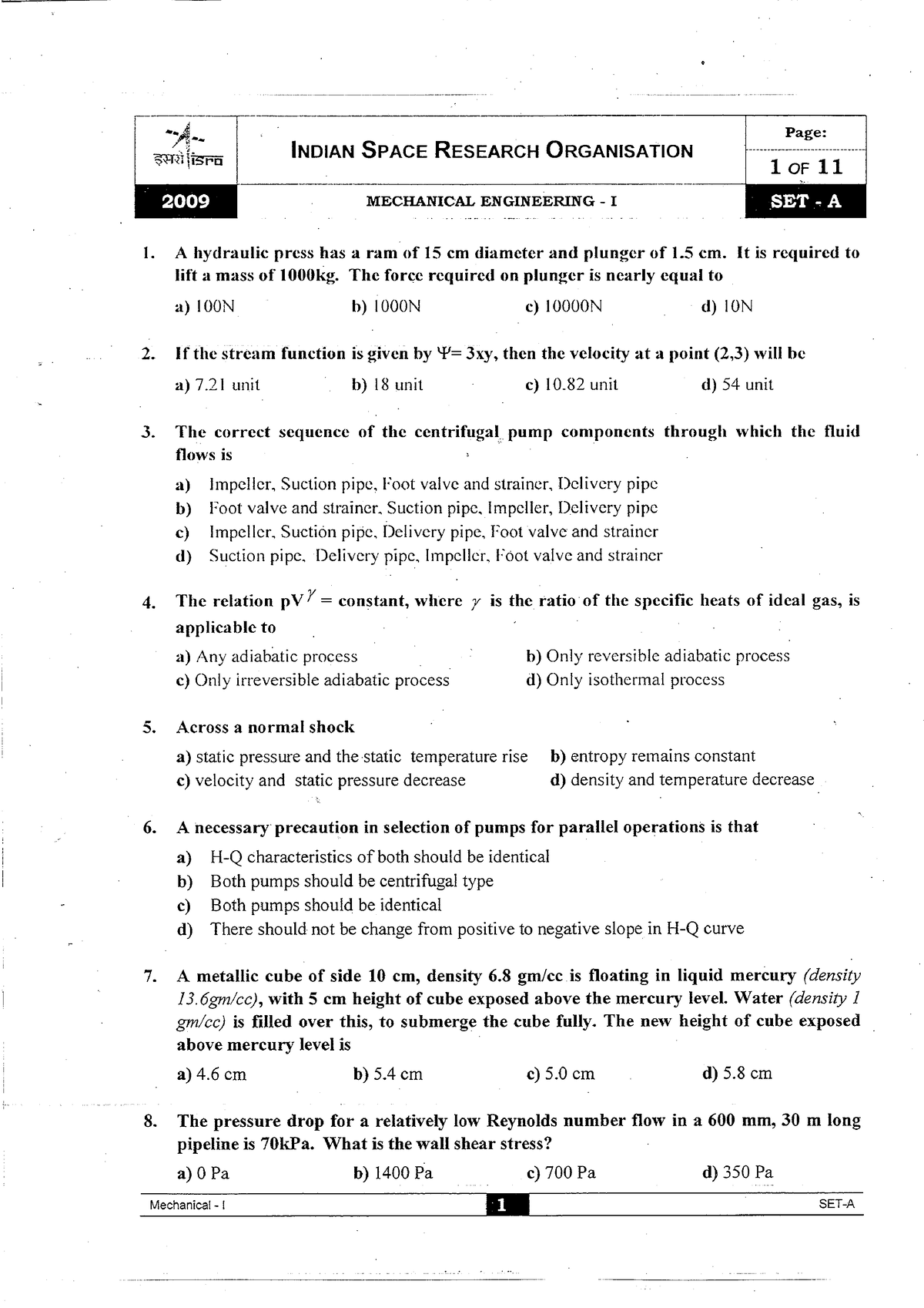 Mh 2009 Isro 2009 Question Paper Btech Studocu