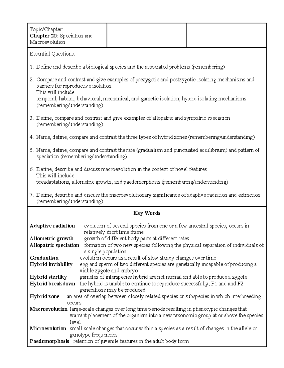Chapter 20 - lecture notes on macroevolution - Topic/Chapter: Chapter ...