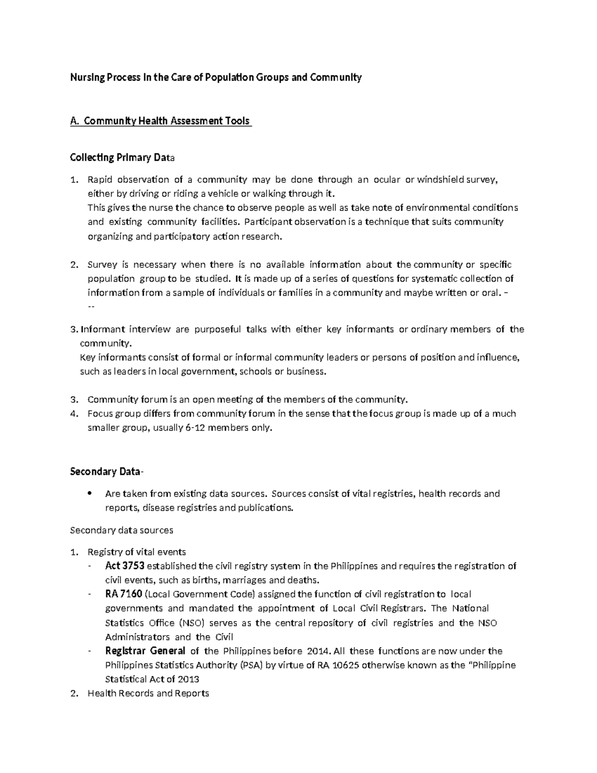 Nursing Process in the Care of Population Groups and Community Midterm ...