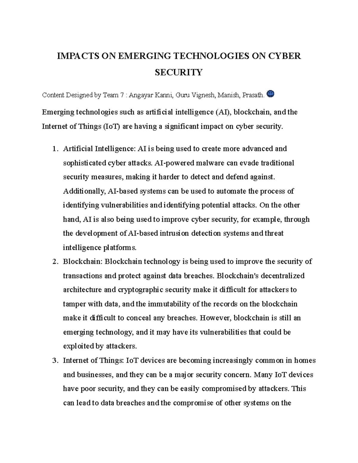 Impacts ON Emerging Technologies ON Cyber Security - IMPACTS ON ...
