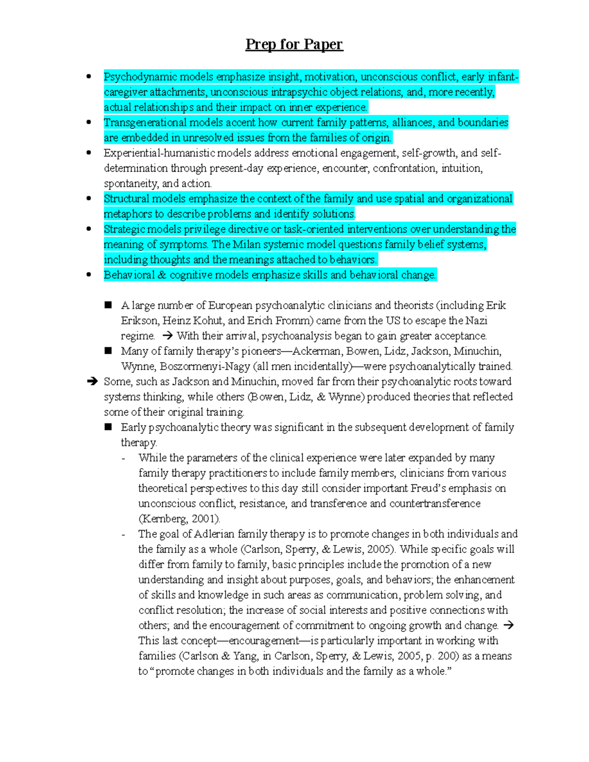 Theory Model Notes - Psychodynamic models emphasize insight, motivation ...