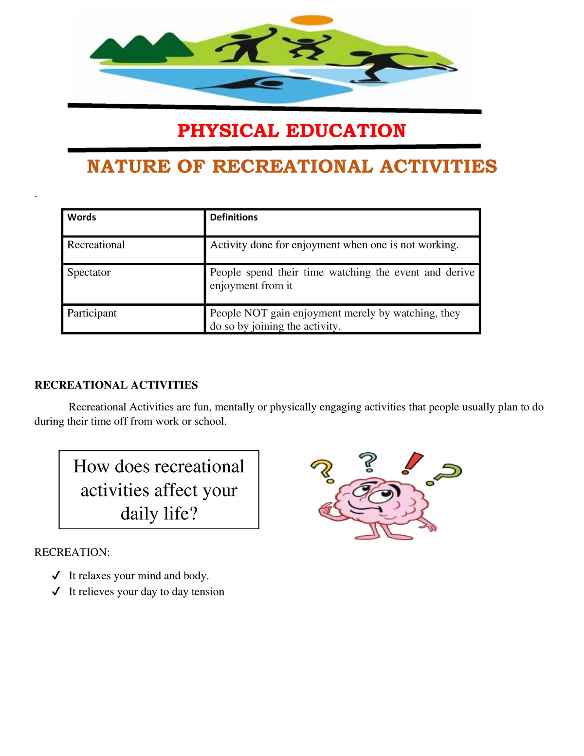 meaning of recreational activities in physical education