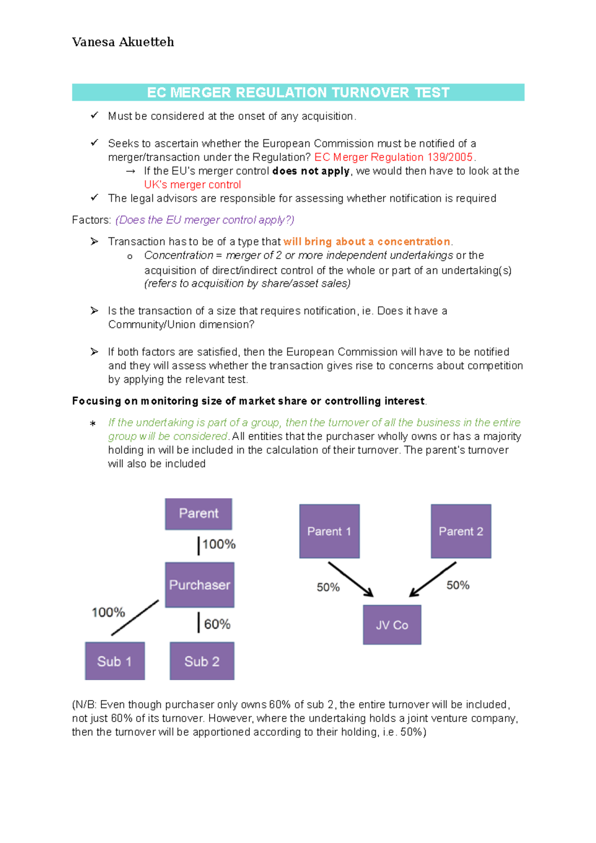 M&A (EC Merger Control) EC MERGER REGULATION TURNOVER TEST Must be