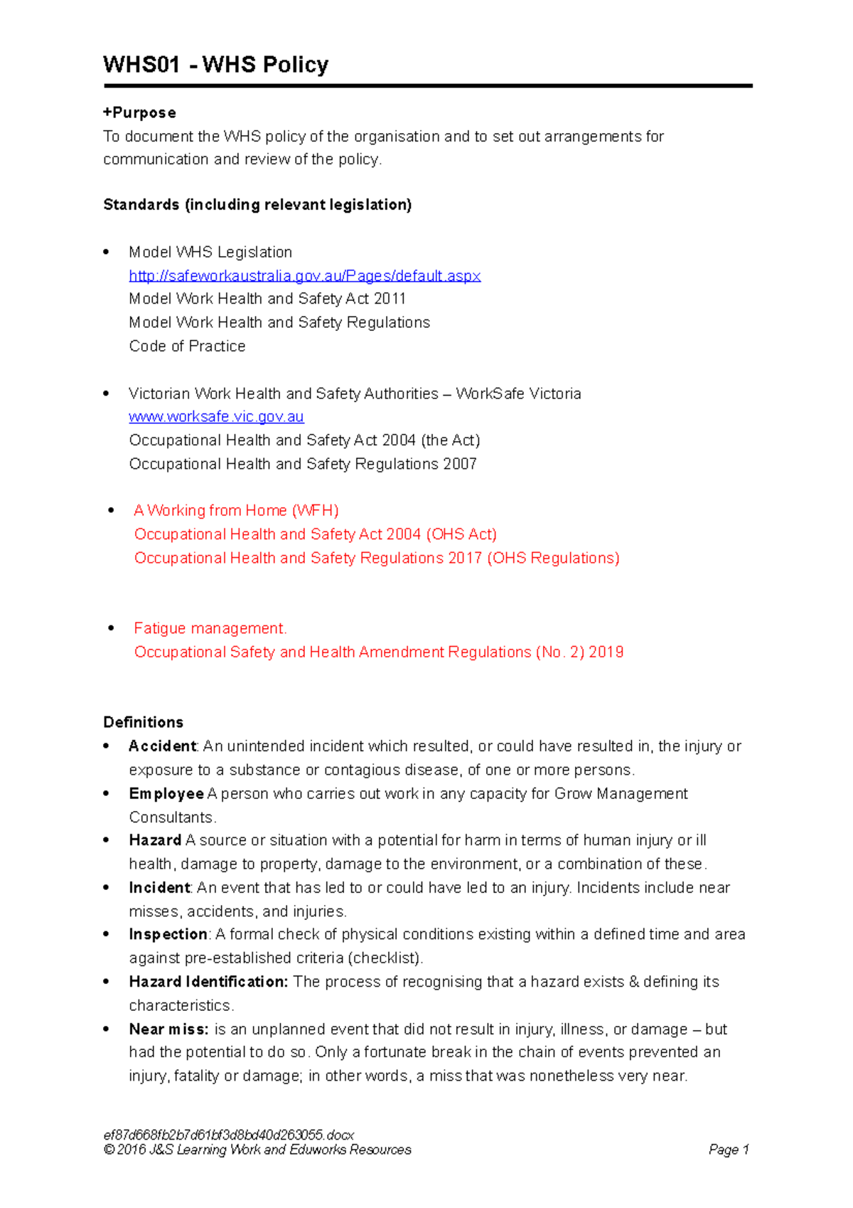 Bsbwhs 501 - Grow Cons WHS Policy ATT - WHS01 WHS Policy To document ...