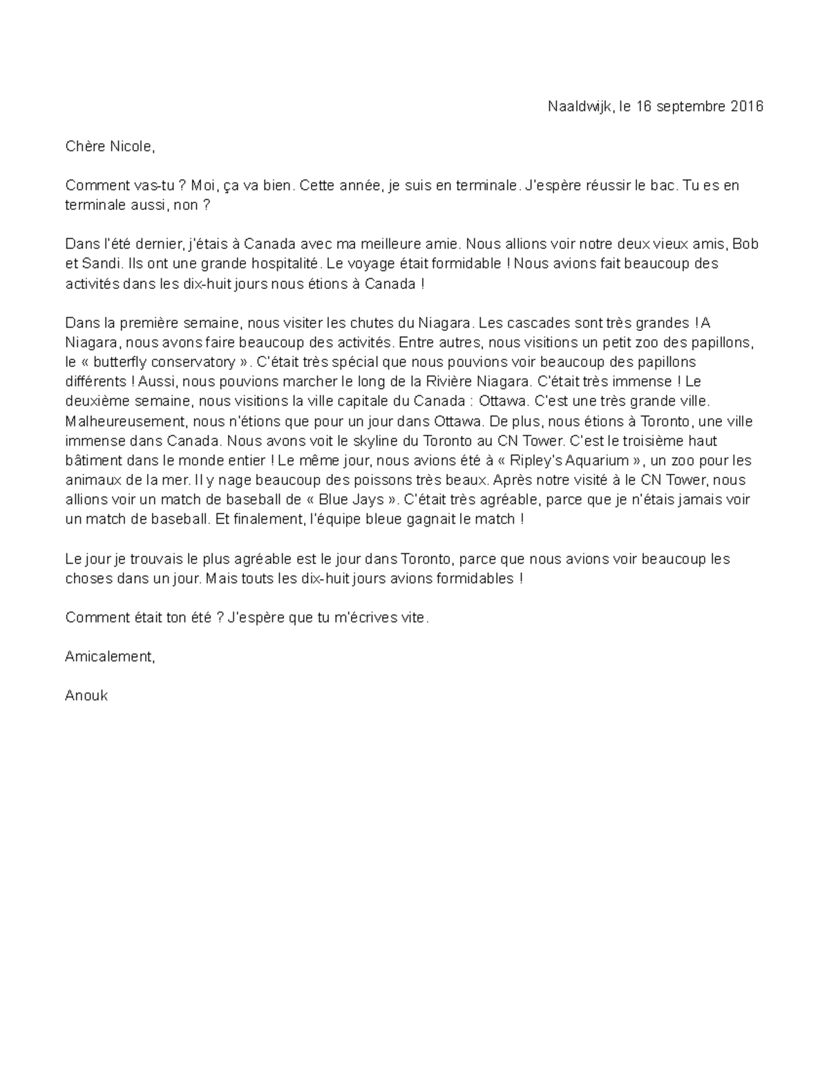 Schrijfopdracht 1 Naaldwijk Le 16 Septembre 2016 Ch re Nicole