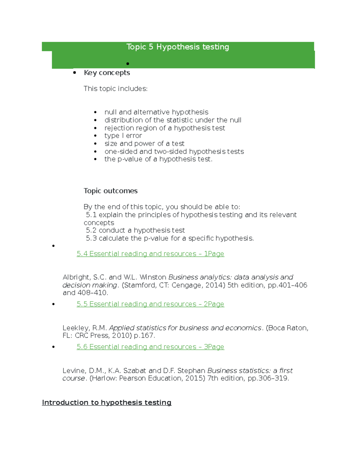 Topic 5 Hypothesis testing - Topic 5 Hypothesis testing Topic 5 ...