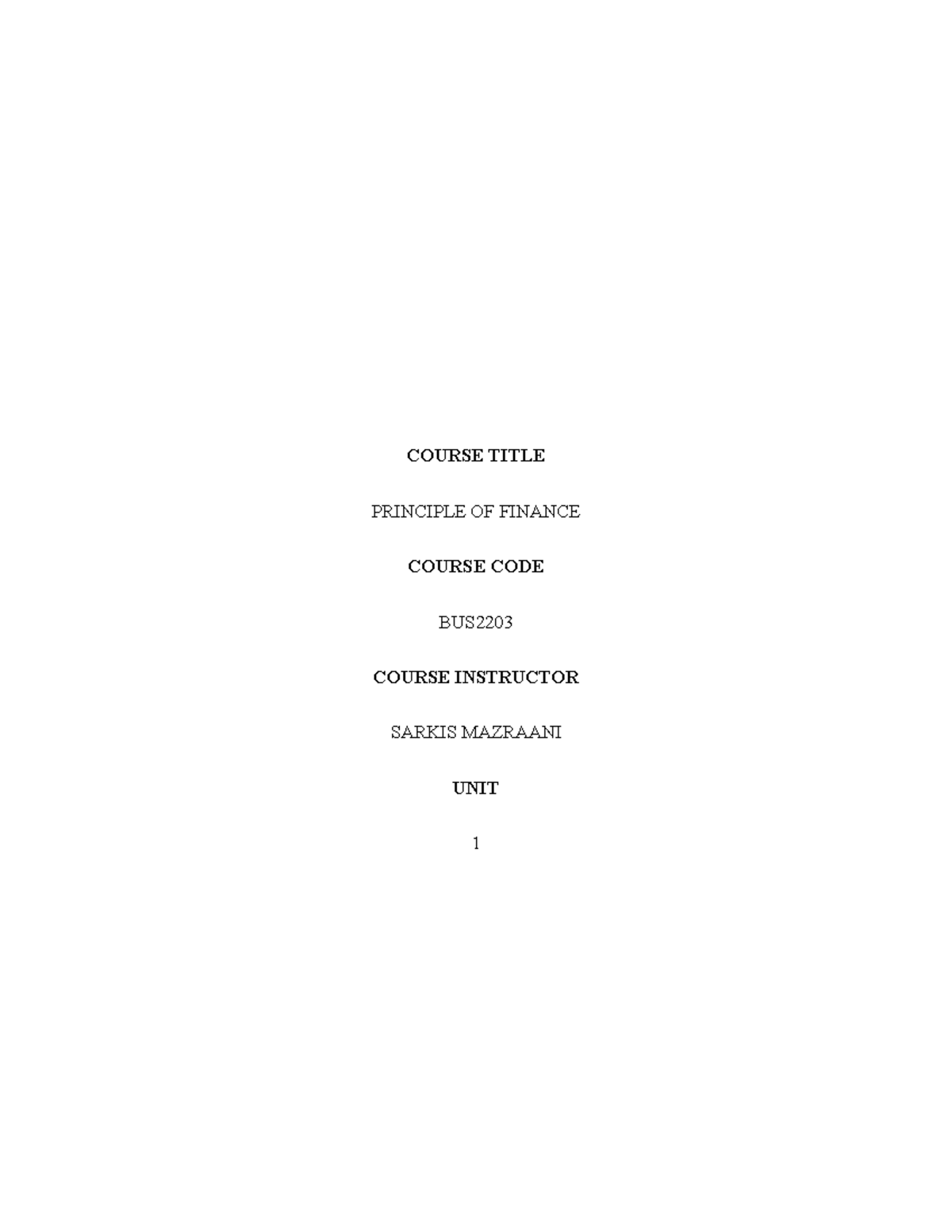 Written assignment- Unit 01 - COURSE TITLE PRINCIPLE OF FINANCE COURSE ...