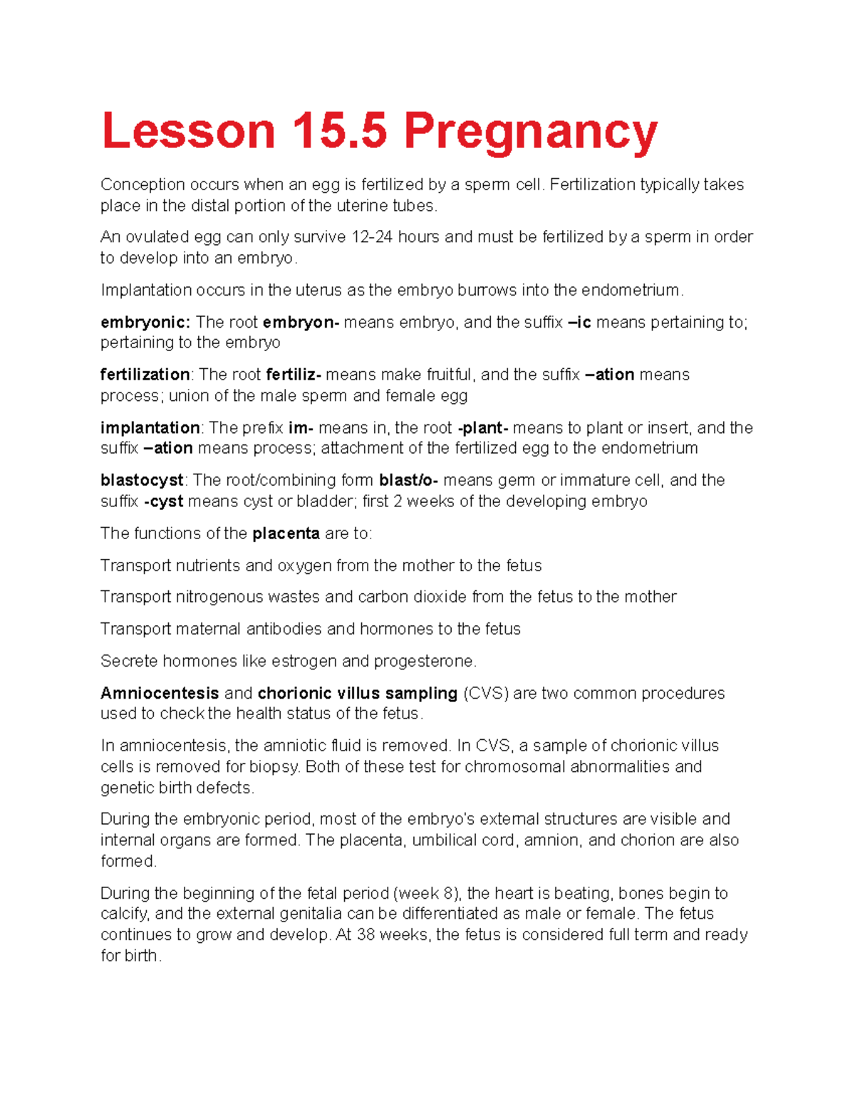 Exam content lesson 15.5 medical terminology Lesson 15 Pregnancy