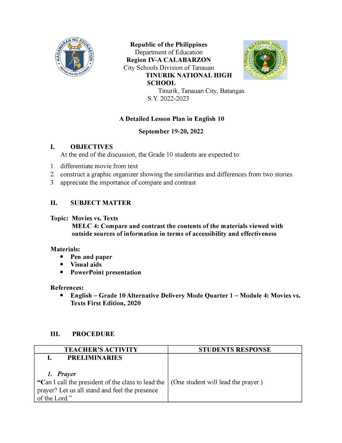 Week4 LP-Day-2 - Lesson plans for grade 10 - Republic of the ...