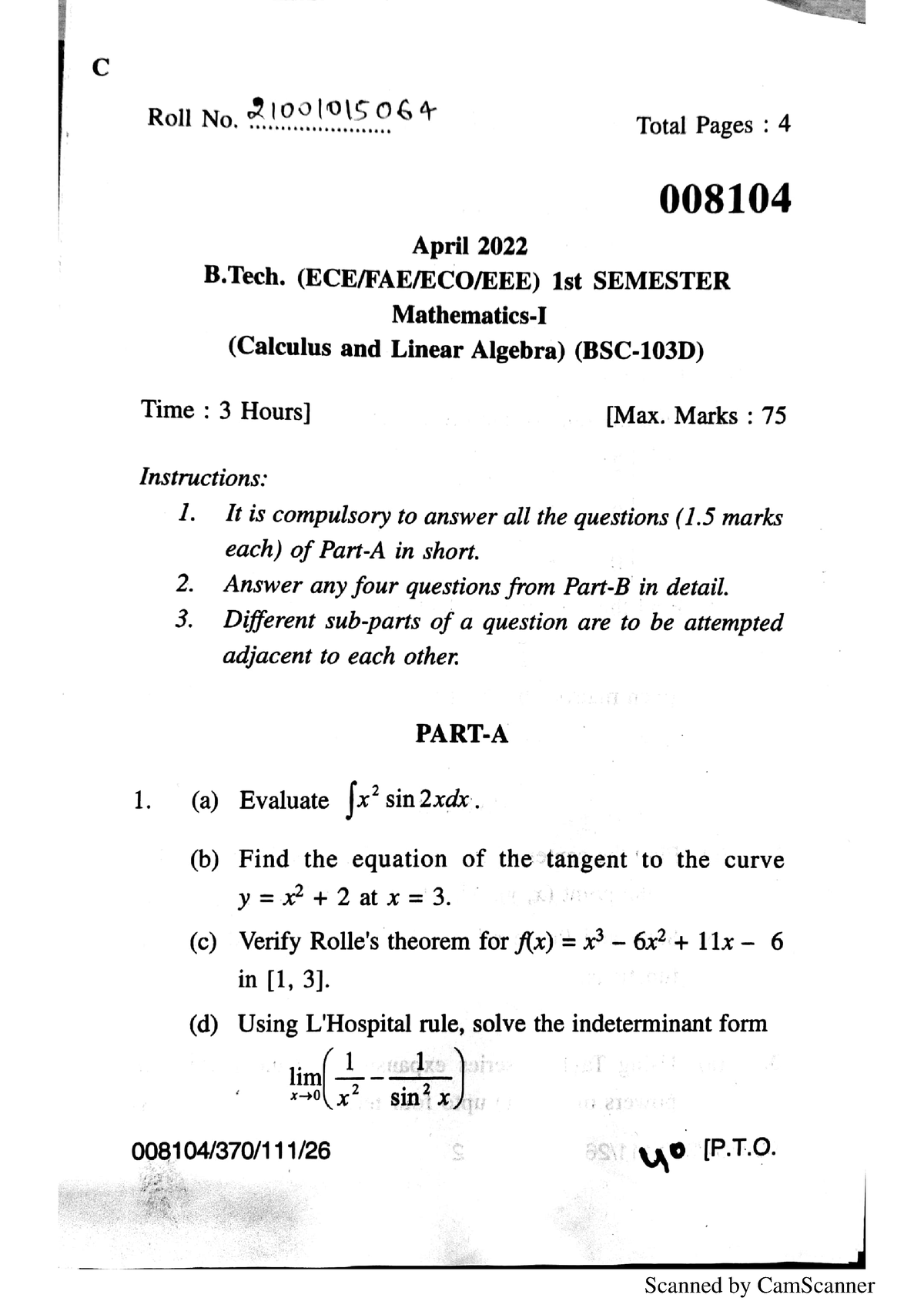 Calculus And LA 2021 1st Sem QPaper - B.tech - Studocu