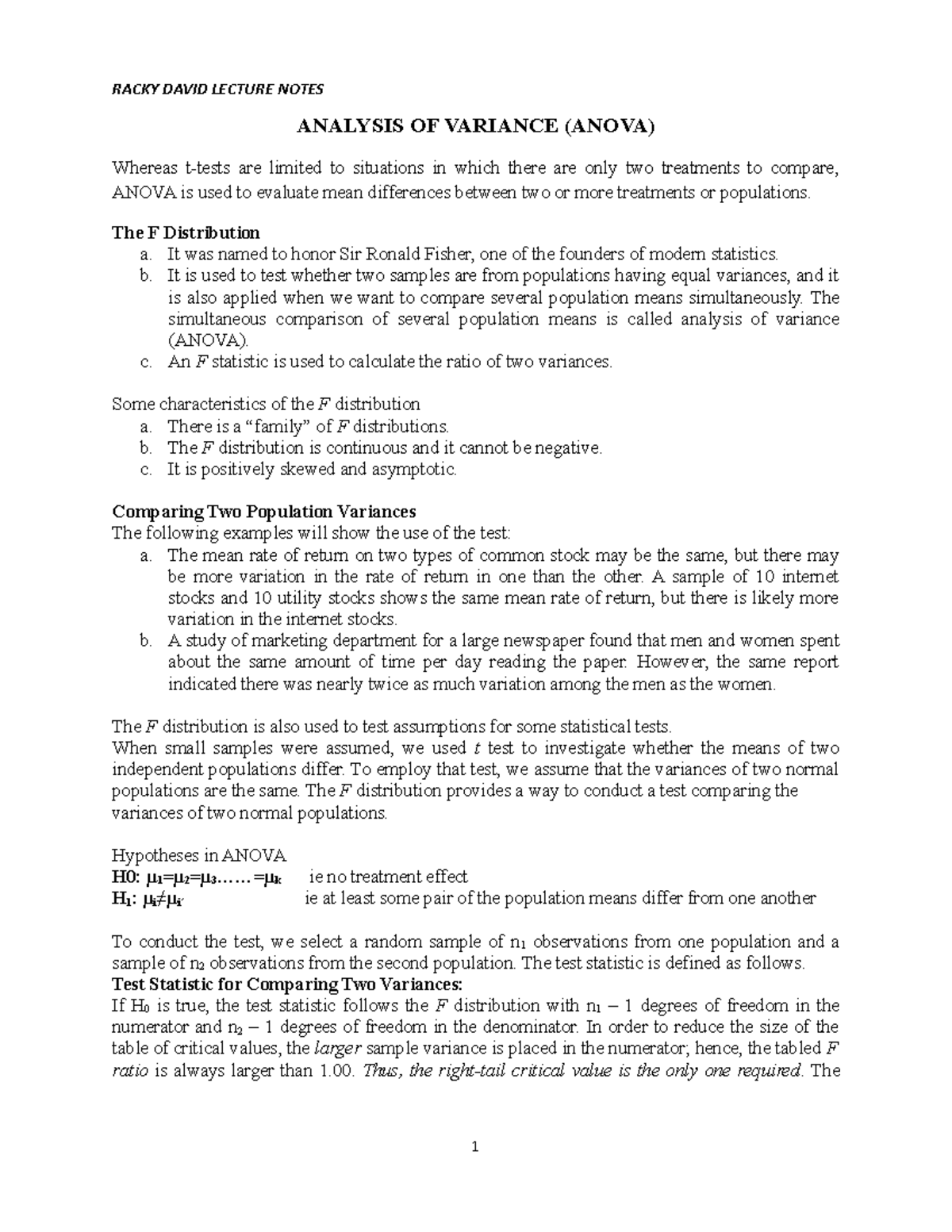 economic analysis - ANALYSIS OF VARIANCE (ANOVA) Whereas t-tests are ...
