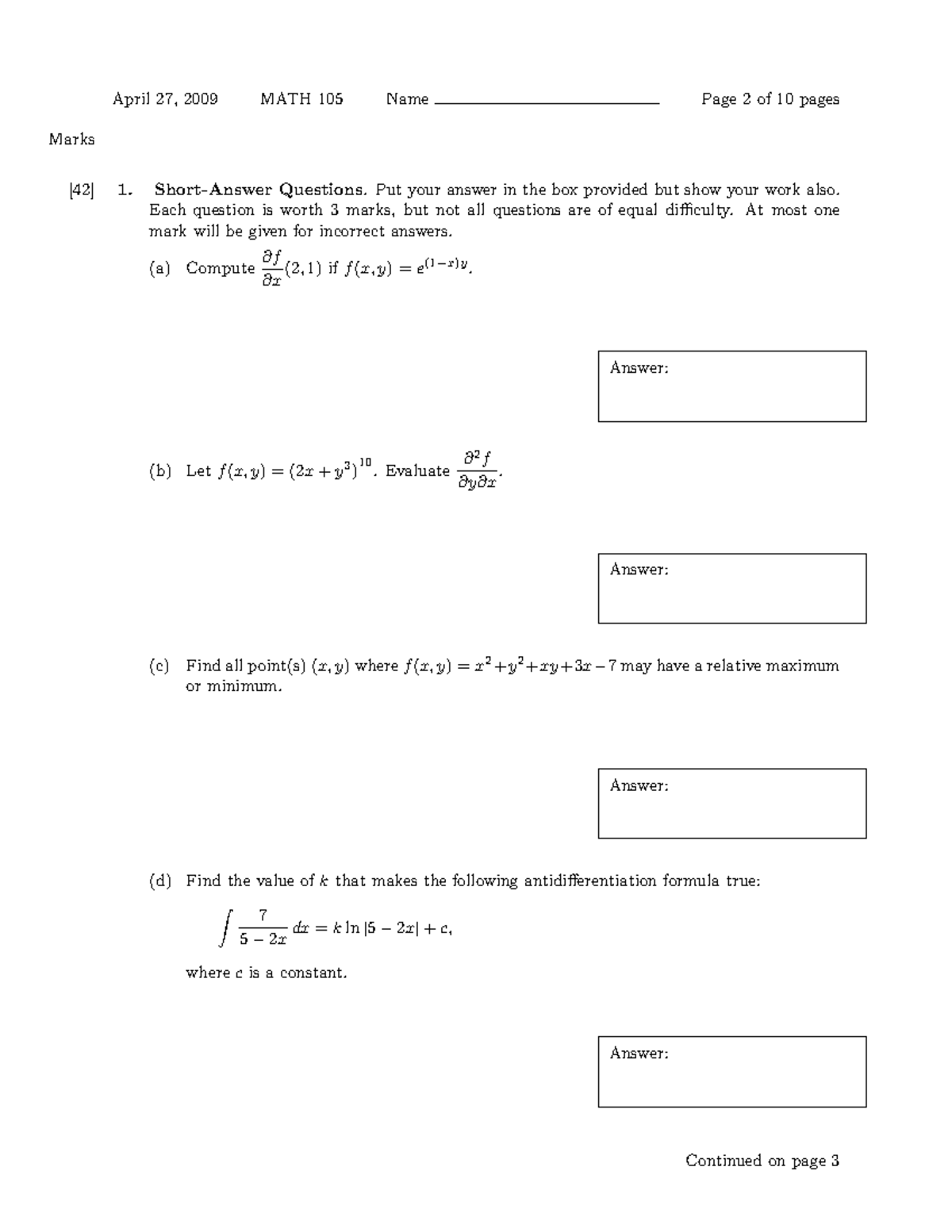 MATH 105: Final Exam (PRACTICE) - Marks [42] 1. Short-Answer Questions ...