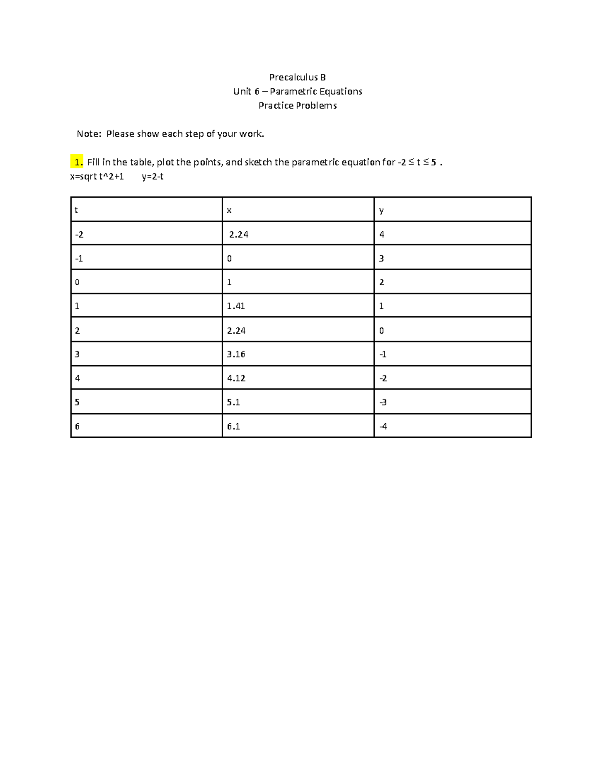 Copy of Precalculus B - Unit 6 Practice Problems - Precalculus B Unit 6 ...