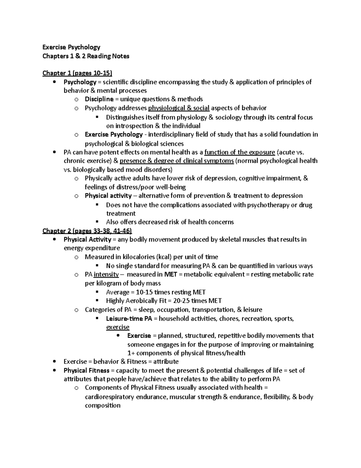 Ch.1&2 notes (Foundations & Basic Concepts of Exercise Psychology ...