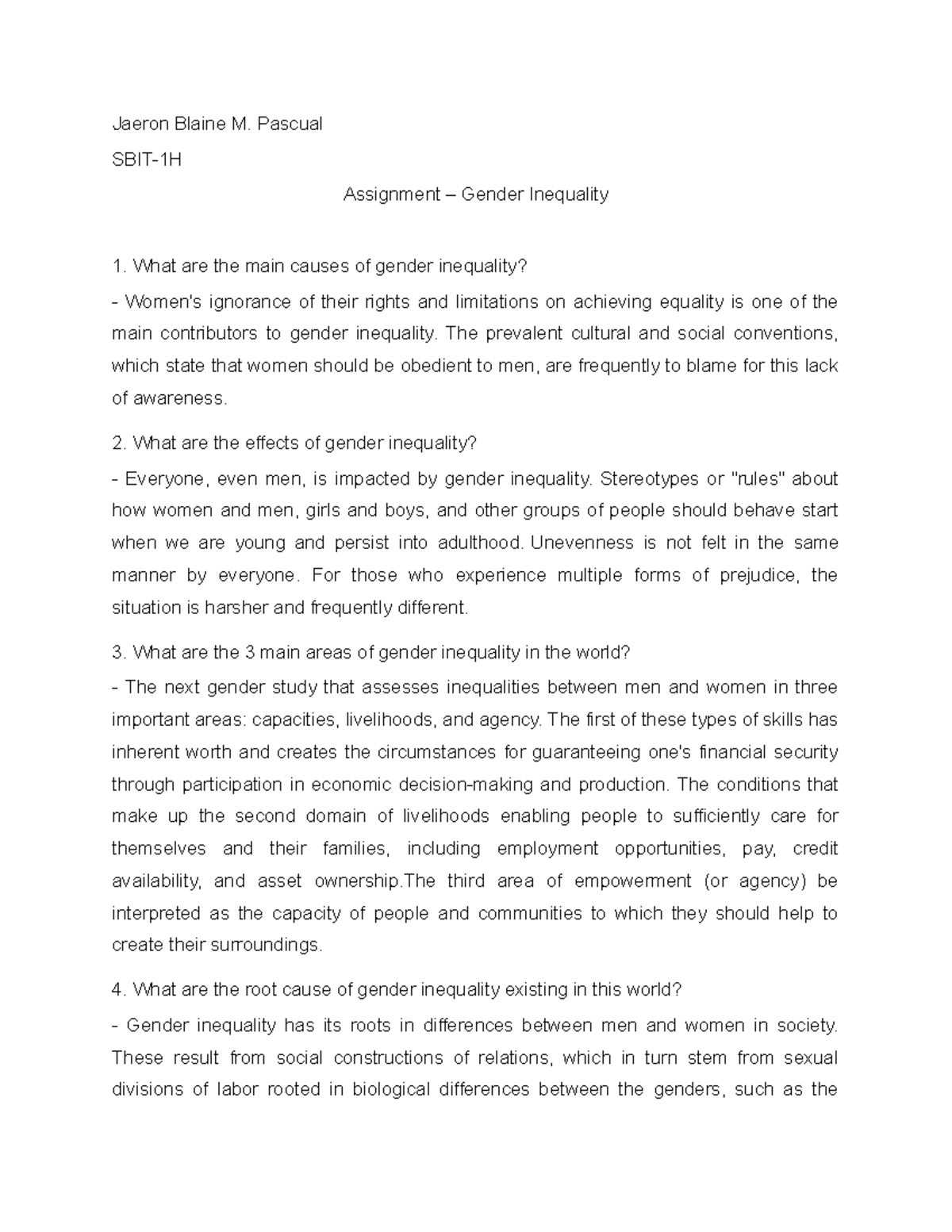 Assignment Gender Inequality Jaeron Blaine M. Pascual SBIT1H