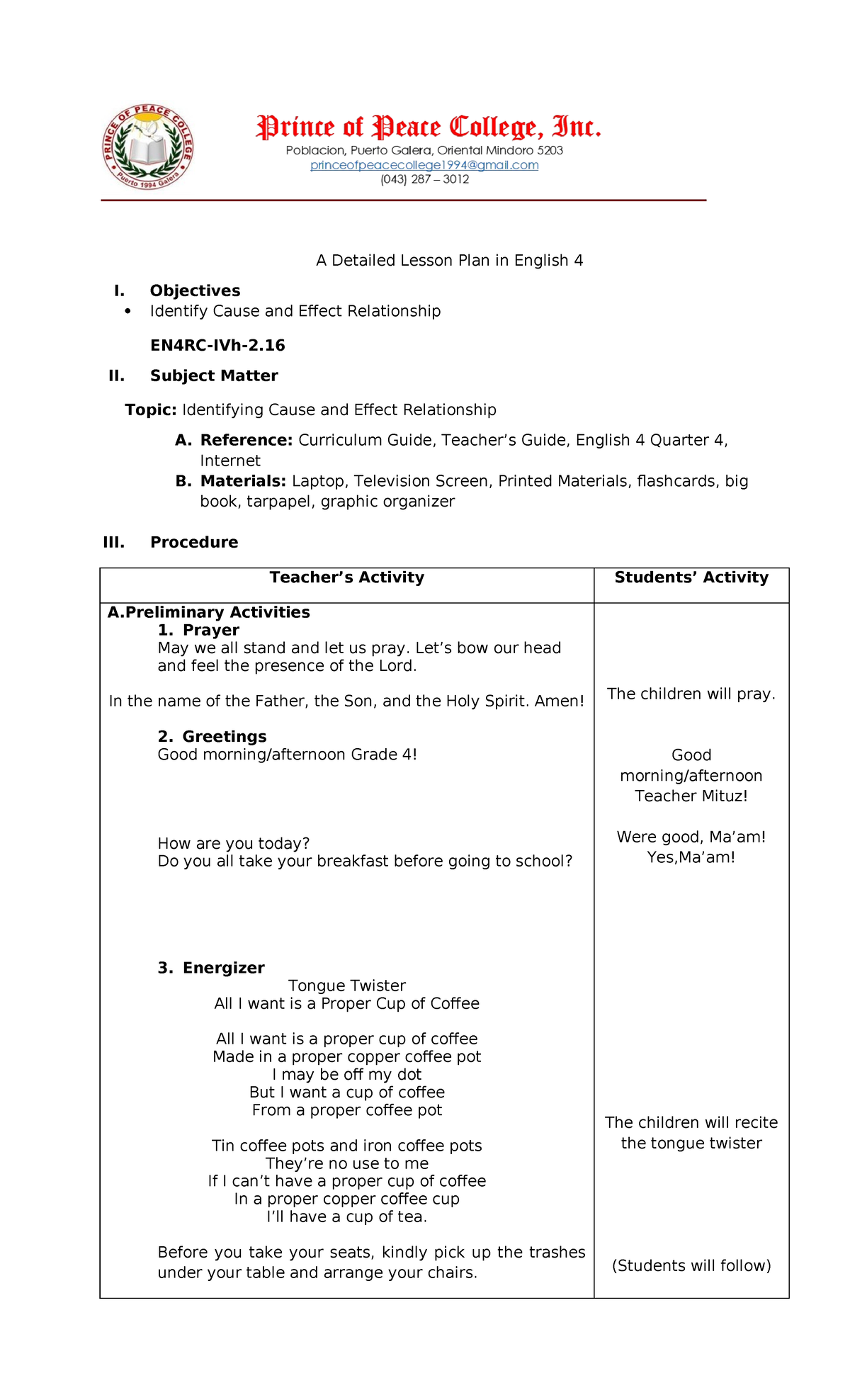 Mtz DLPEnglish 2 - A Detailed Lesson Plan in English 4 I. Objectives ...