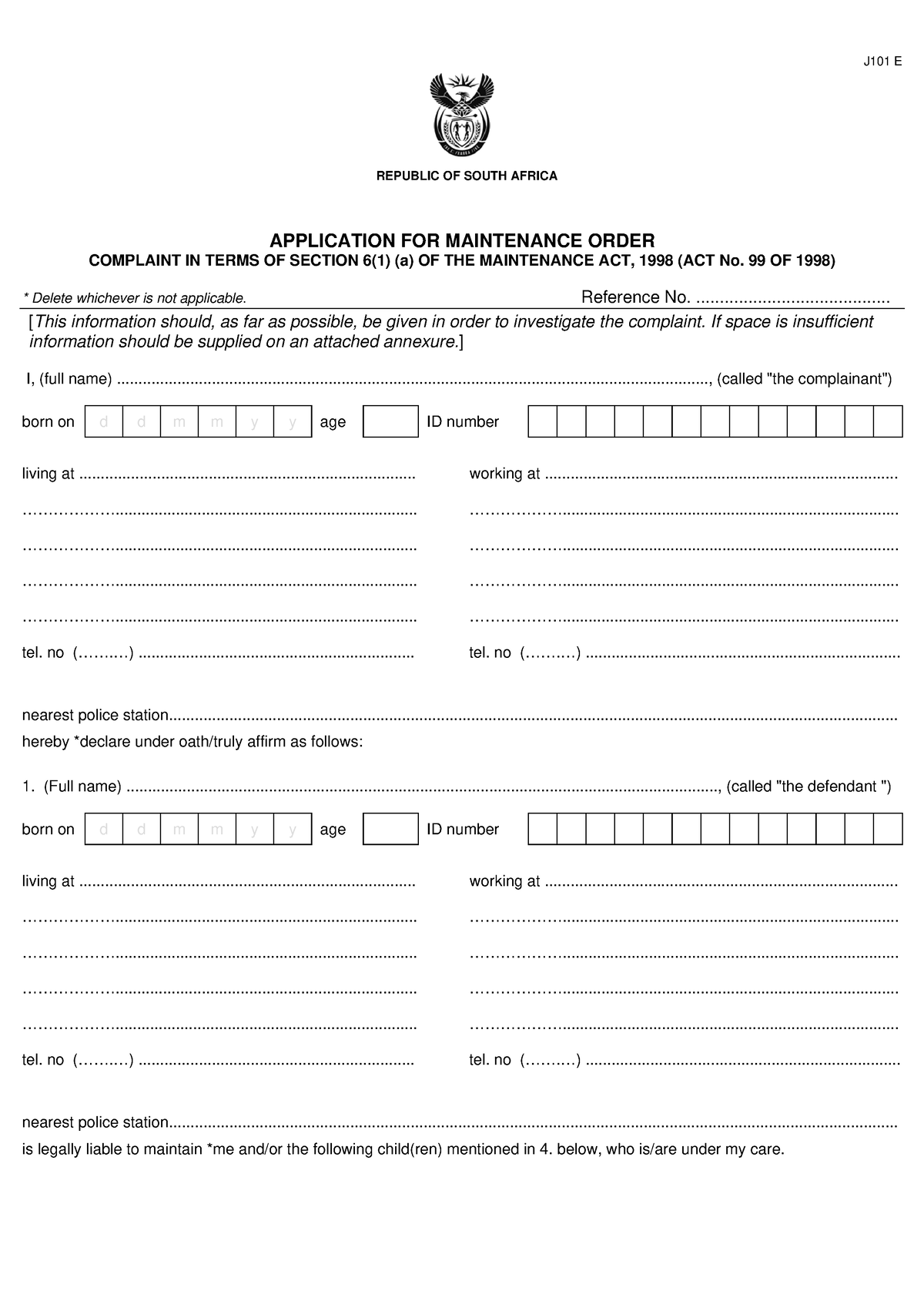 form-a-application-for-maintenance-republic-of-south-africa