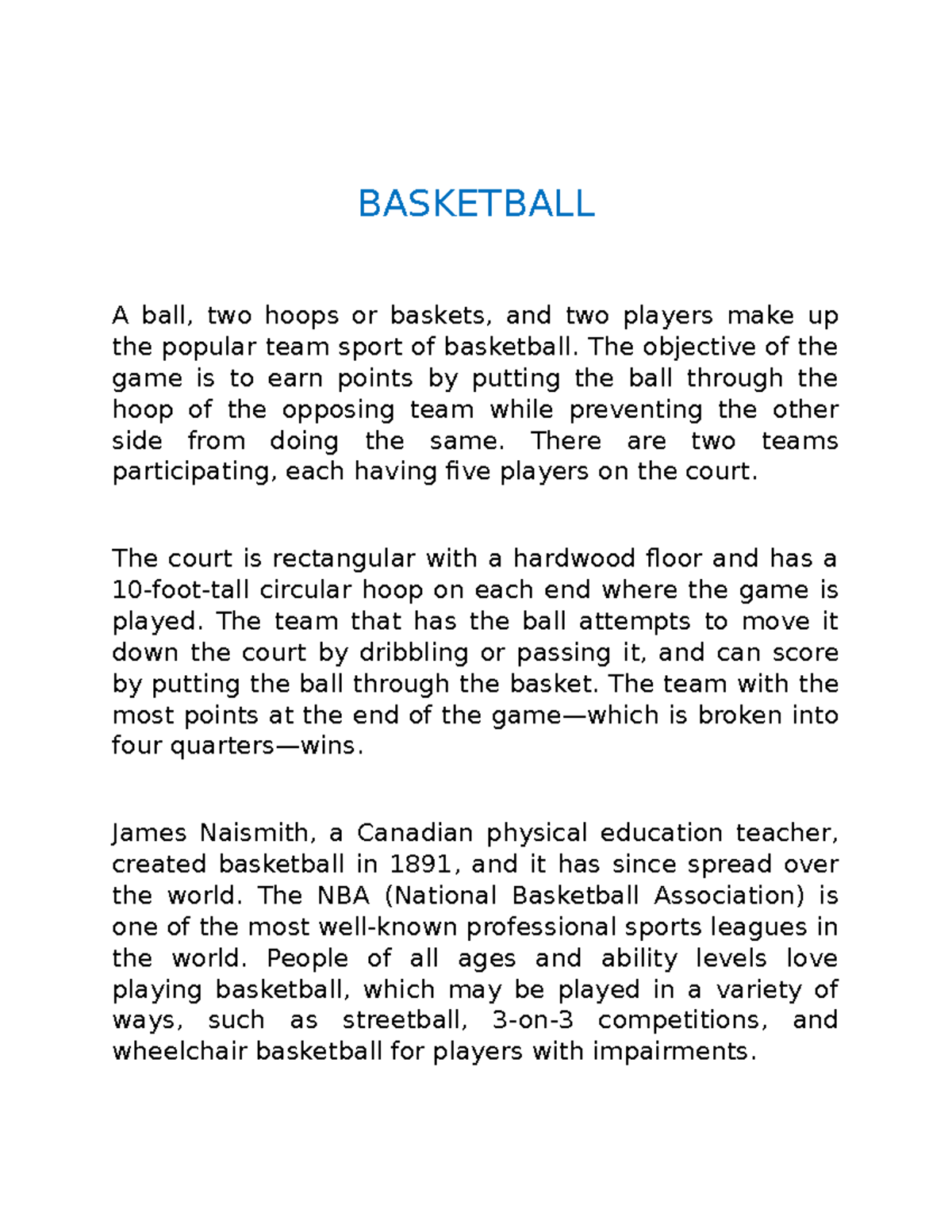 Basketball - notes - BASKETBALL A ball, two hoops or baskets, and two ...