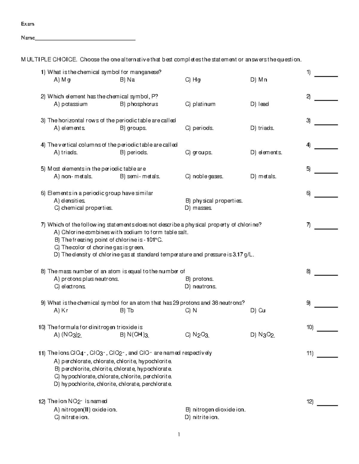 Practice questions for chapter2- CHM161 - Exam Name ...