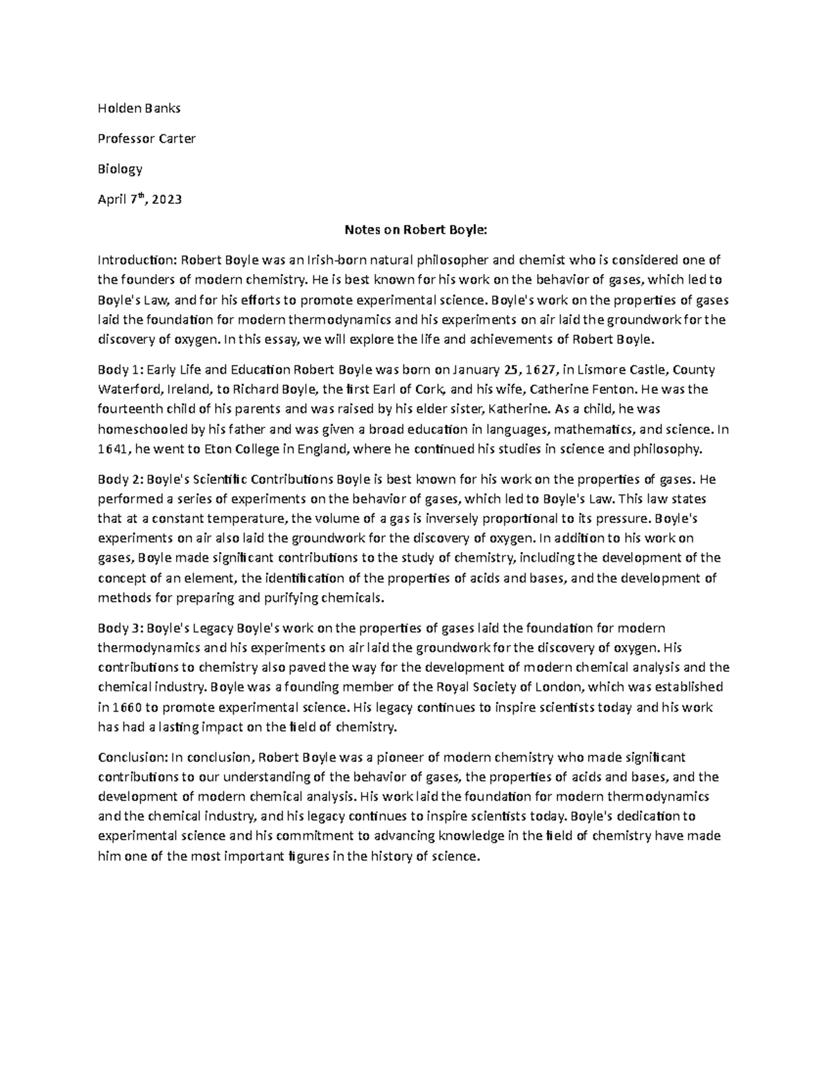 Lecture Notes on Robert Boyle - Holden Banks Professor Carter Biology ...