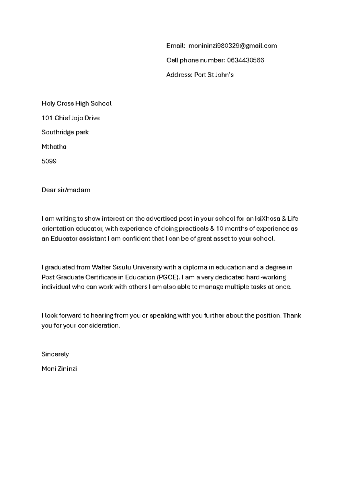 cover letter jh - Email: monininzi980329@gmail Cell phone number ...