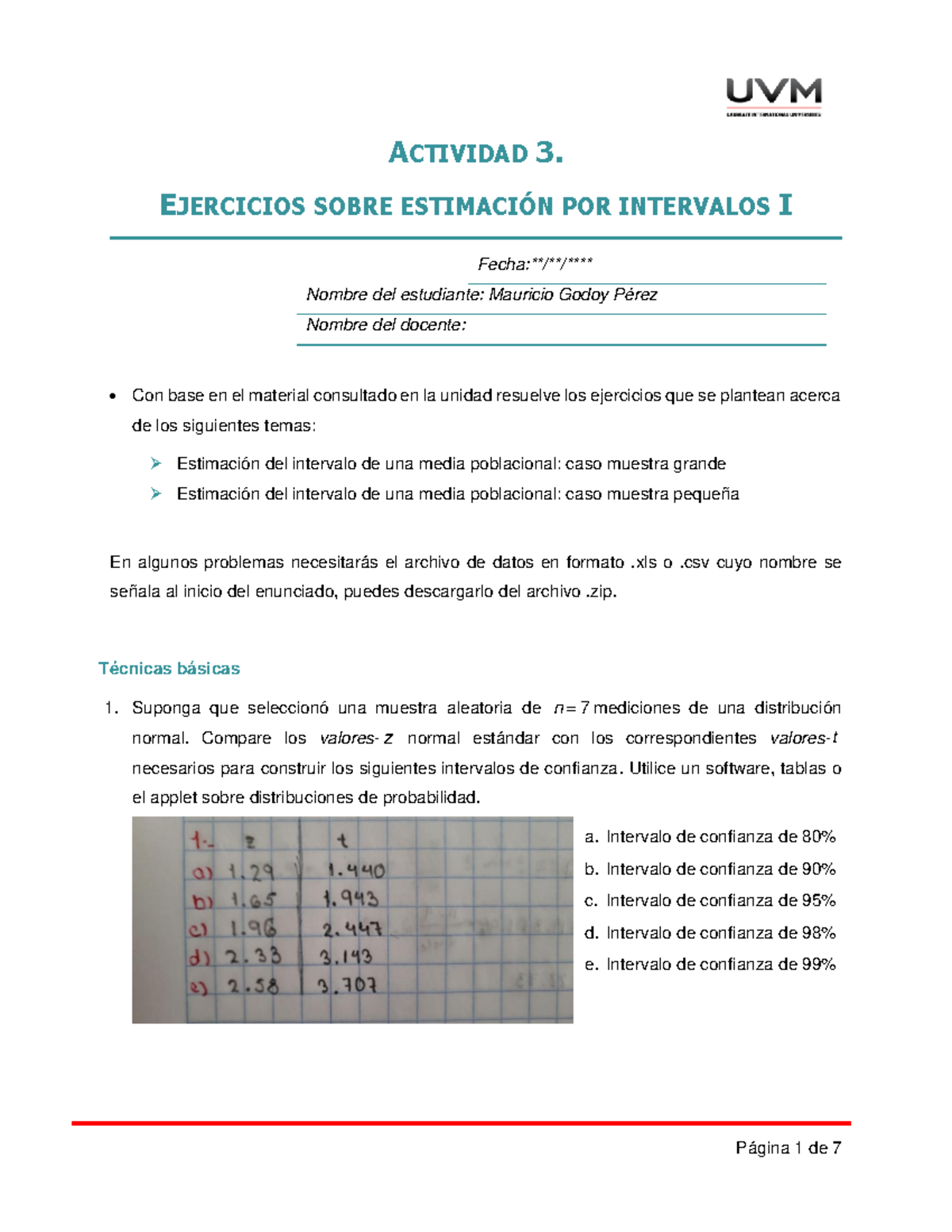 A3 Ejercicios+Estadistica+ - ACTIVIDAD 3. EJERCICIOS SOBRE ESTIMACI”N ...