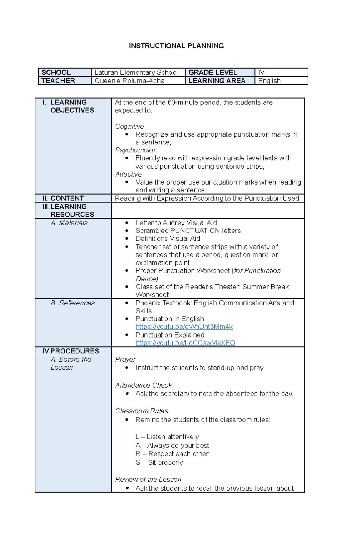 Lesson Plan - INSTRUCTIONAL PLANNING SCHOOL Laturan Elementary School ...