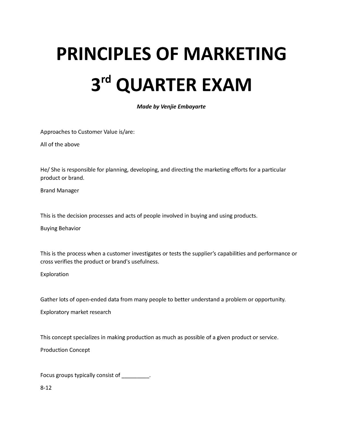 Principles Of Marketing Exam1 - PRINCIPLES OF MARKETING 3 Rd QUARTER ...