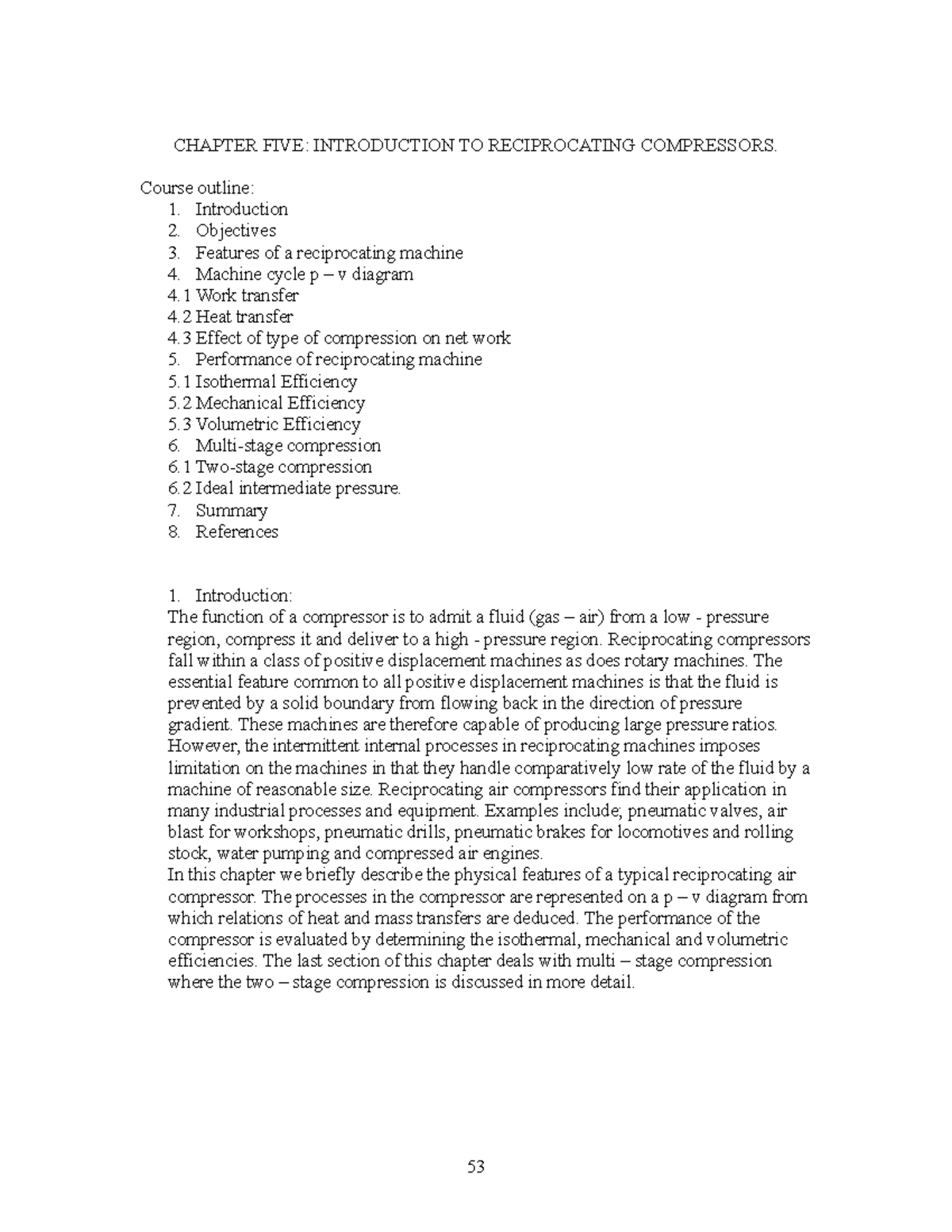 Chapter FIVE - Reciprocating Compressors - CHAPTER FIVE: INTRODUCTION ...