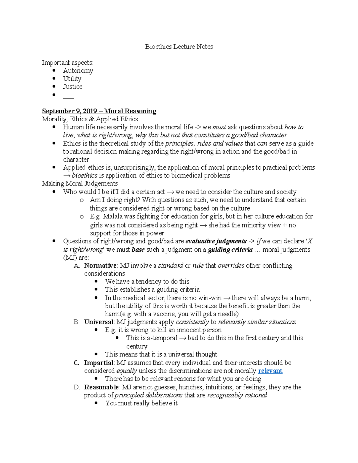 Bioethics Lecture Notes - Bioethics Lecture Notes Important aspects ...