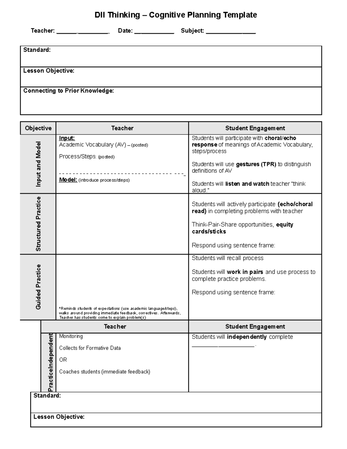 DII Lesson Plan template - DII Thinking – Cognitive Planning Template ...