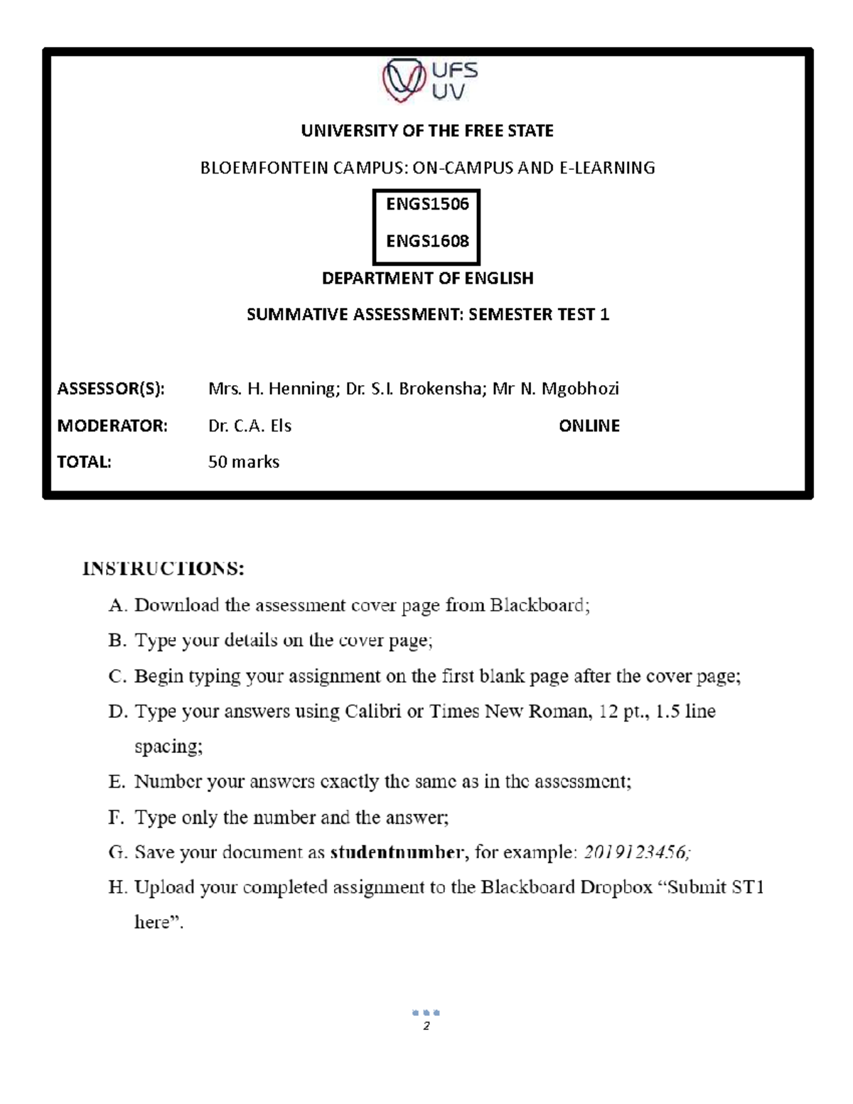 ST1 - Semester Test 1 (sem 1) ENGS1506/1608 - UNIVERSITY OF THE FREE ...