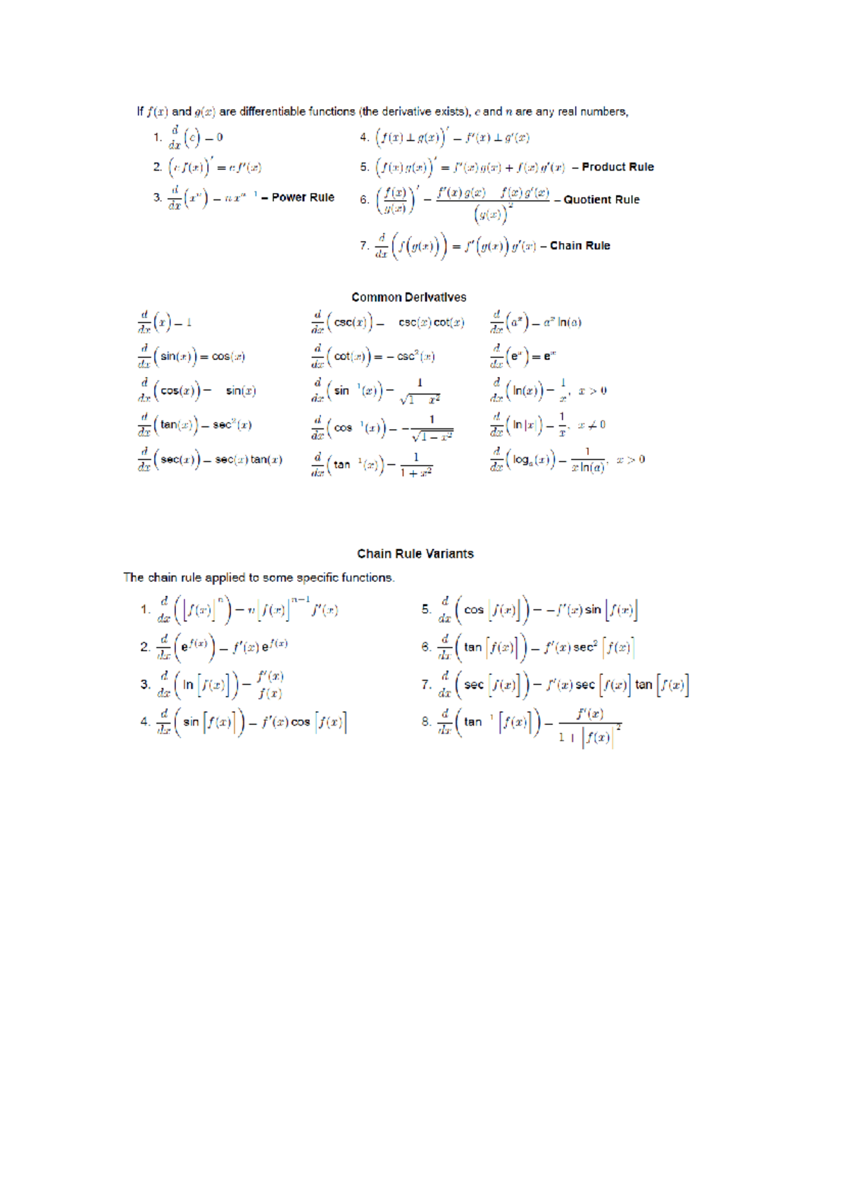 Calc Summary 2 - calculus notes - If f(x) and g(x) are differentiable ...