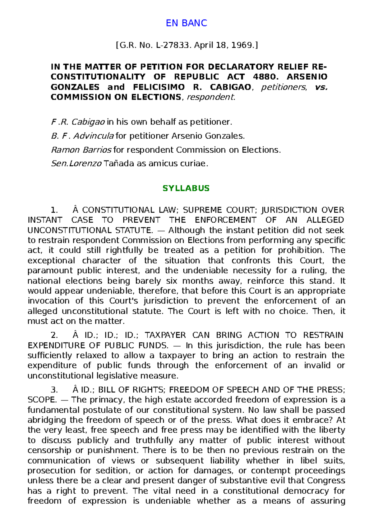 Gonzales v. Commission on Elections EN BANC [G. No. L27833. April 18, 1969.] IN THE MATTER OF