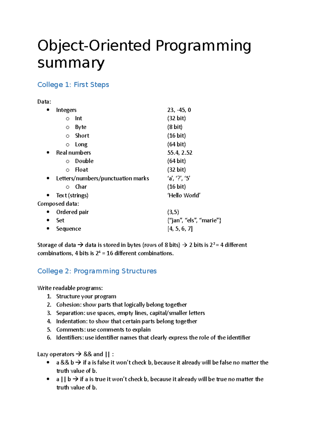 Samenvatting - College 1 T/m 18 | Object-oriented programming - Object ...