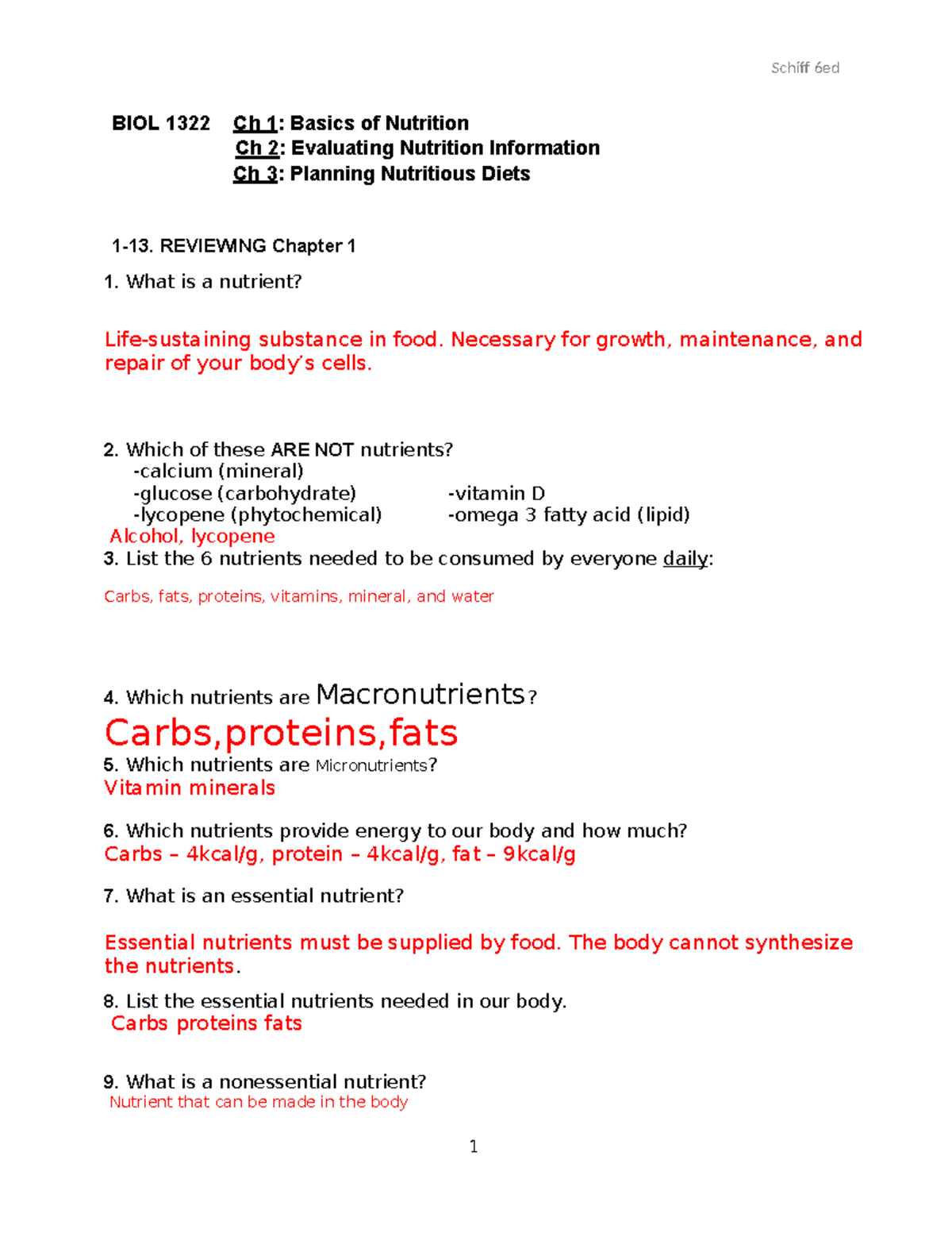 Myans-Ch 1 2 3 Schiff 6ed Review - BIOL 1322 Ch 1 : Basics of Nutrition ...