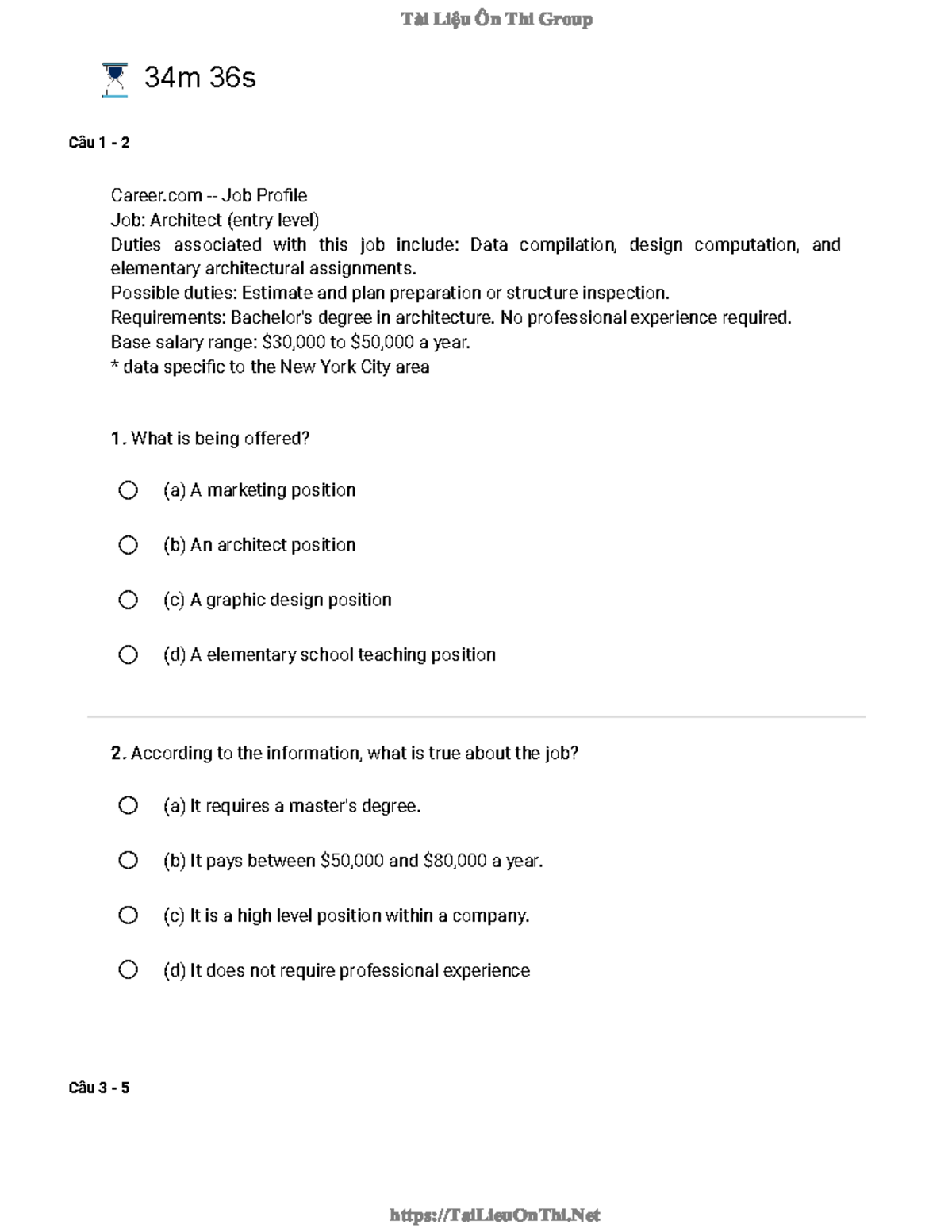 DE 1 wwwww 34m 36s Câu 1 2 Câu 3 5 Career Job Prole Job