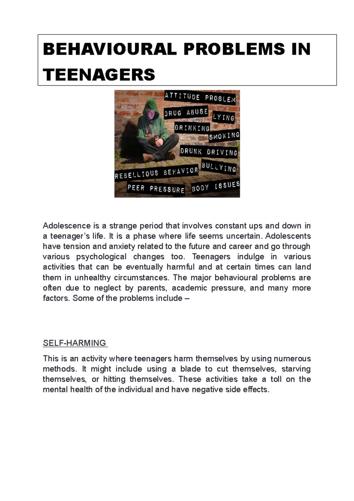 Behavioural Problems IN Teenagers 2 - BEHAVIOURAL PROBLEMS IN ...